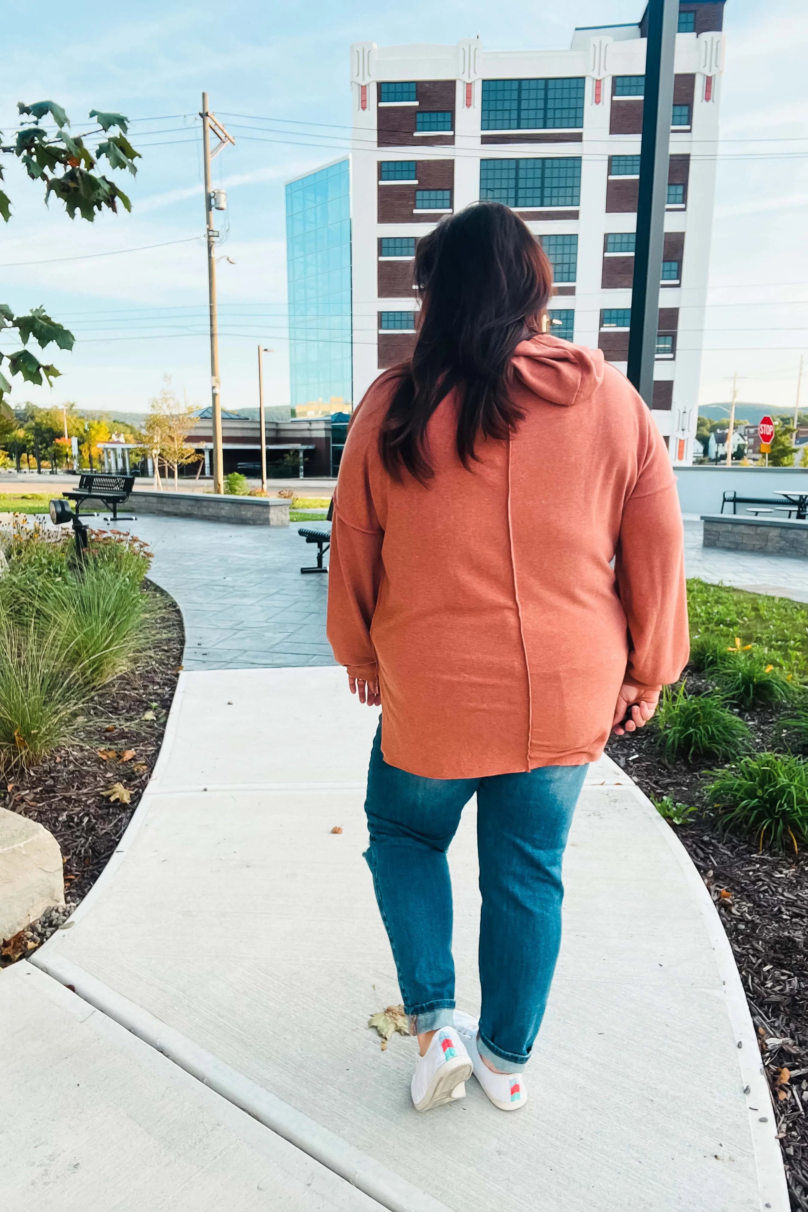 Shop Feeling Playful Rust Stripe Color Block French Terry Hoodie- at Ruby Joy Boutique, a Women's Clothing Store in Pickerington, Ohio