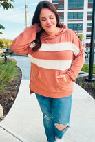 Shop Feeling Playful Rust Stripe Color Block French Terry Hoodie- at Ruby Joy Boutique, a Women's Clothing Store in Pickerington, Ohio