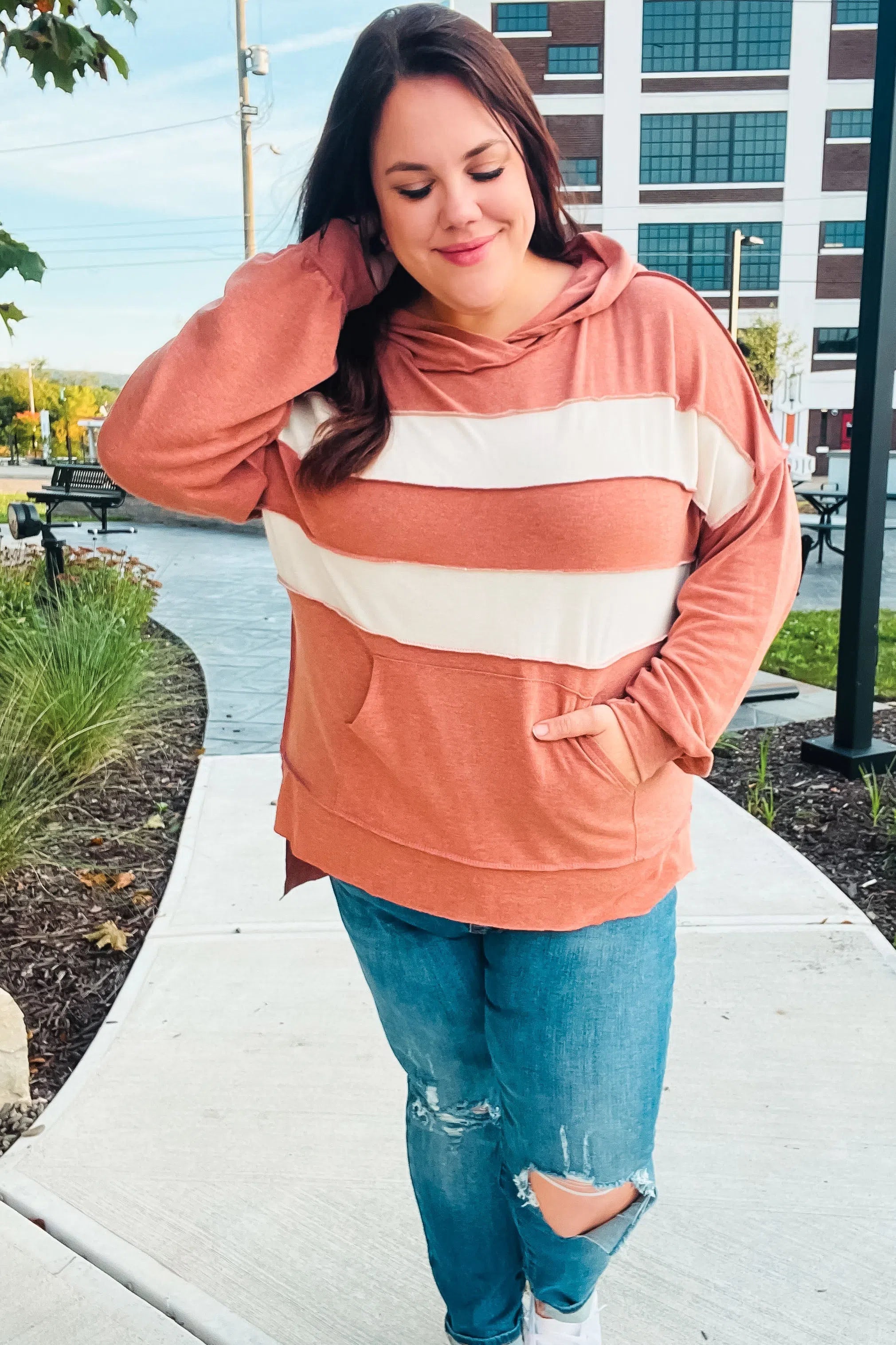 Shop Feeling Playful Rust Stripe Color Block French Terry Hoodie- at Ruby Joy Boutique, a Women's Clothing Store in Pickerington, Ohio