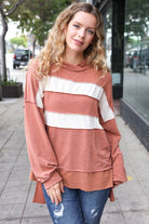 Shop Feeling Playful Rust Stripe Color Block French Terry Hoodie- at Ruby Joy Boutique, a Women's Clothing Store in Pickerington, Ohio