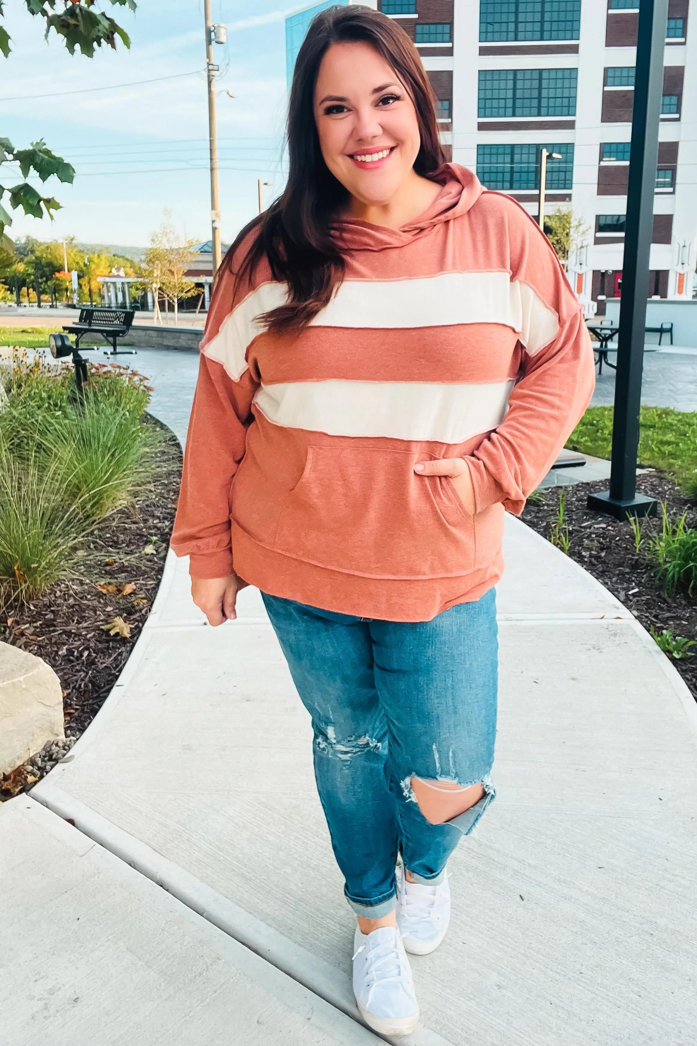 Shop Feeling Playful Rust Stripe Color Block French Terry Hoodie- at Ruby Joy Boutique, a Women's Clothing Store in Pickerington, Ohio