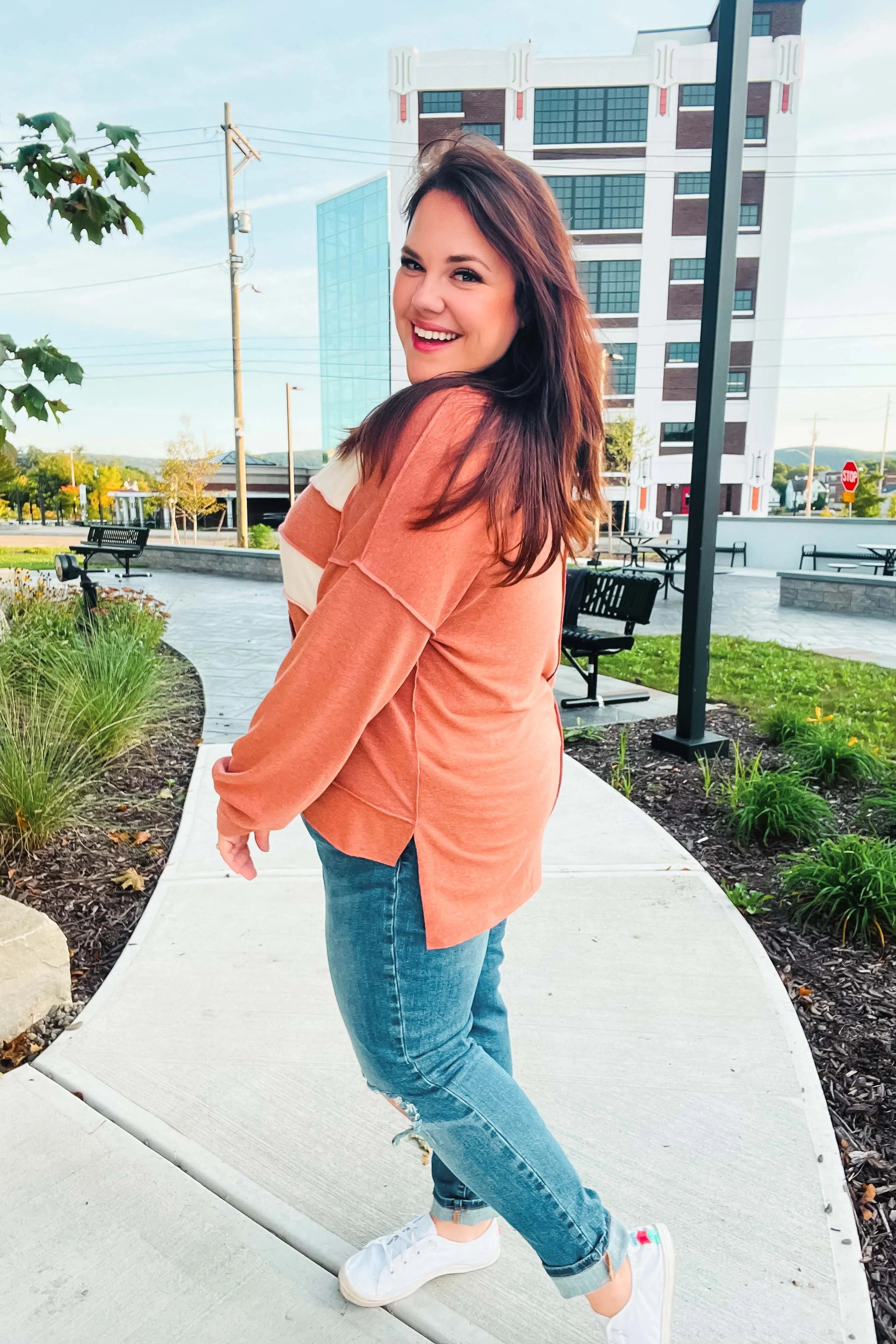 Shop Feeling Playful Rust Stripe Color Block French Terry Hoodie- at Ruby Joy Boutique, a Women's Clothing Store in Pickerington, Ohio