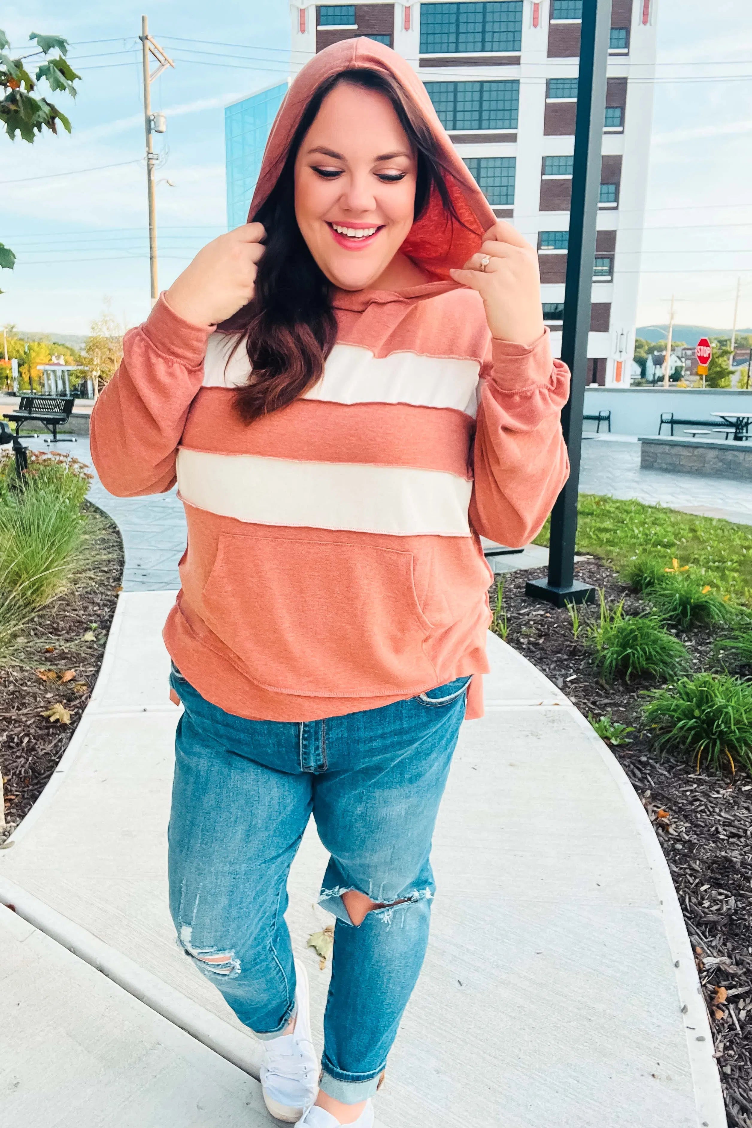 Shop Feeling Playful Rust Stripe Color Block French Terry Hoodie- at Ruby Joy Boutique, a Women's Clothing Store in Pickerington, Ohio