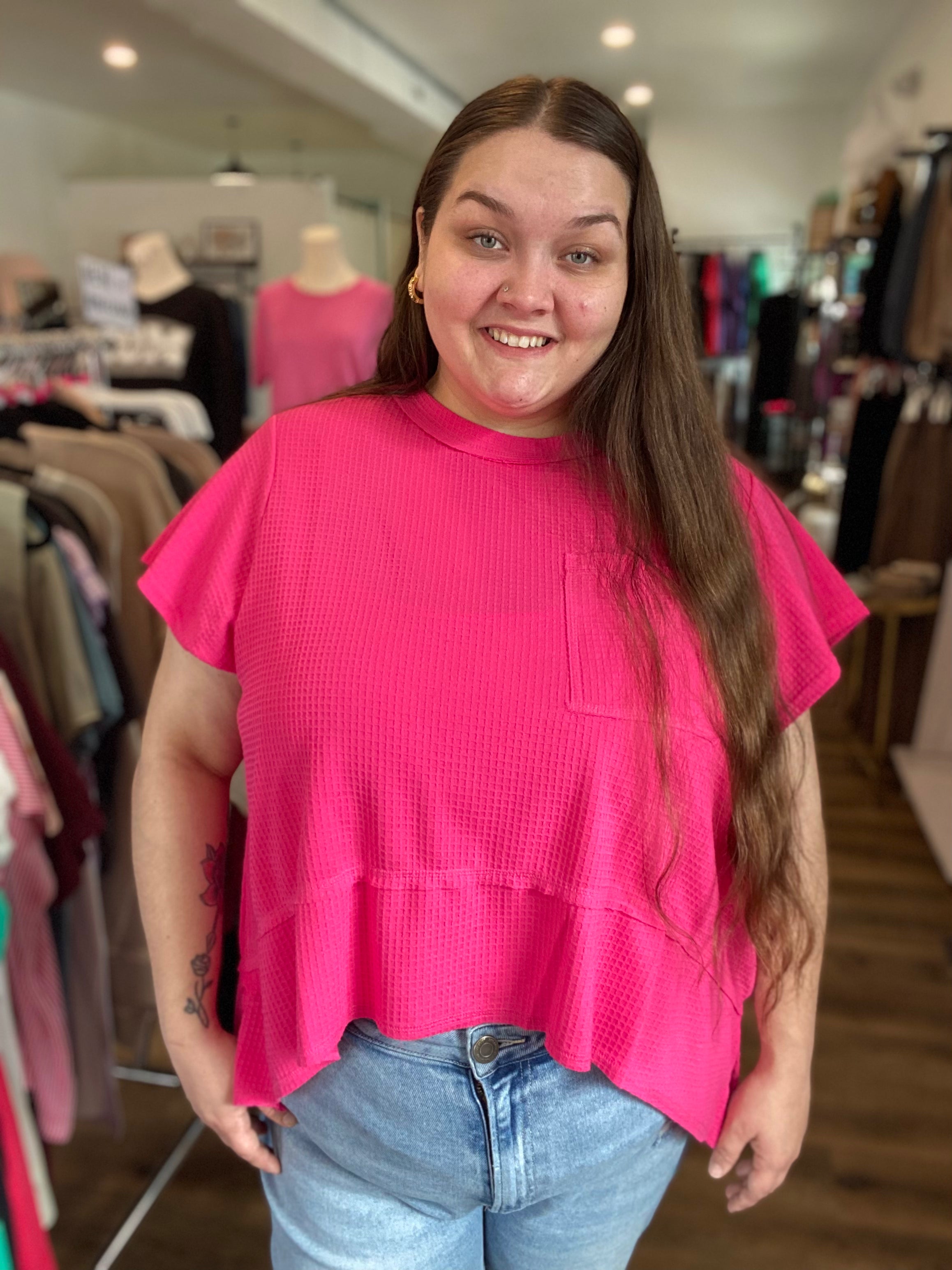 Shop Flared Hem Waffle Knit Top - Fuchsia- at Ruby Joy Boutique, a Women's Clothing Store in Pickerington, Ohio