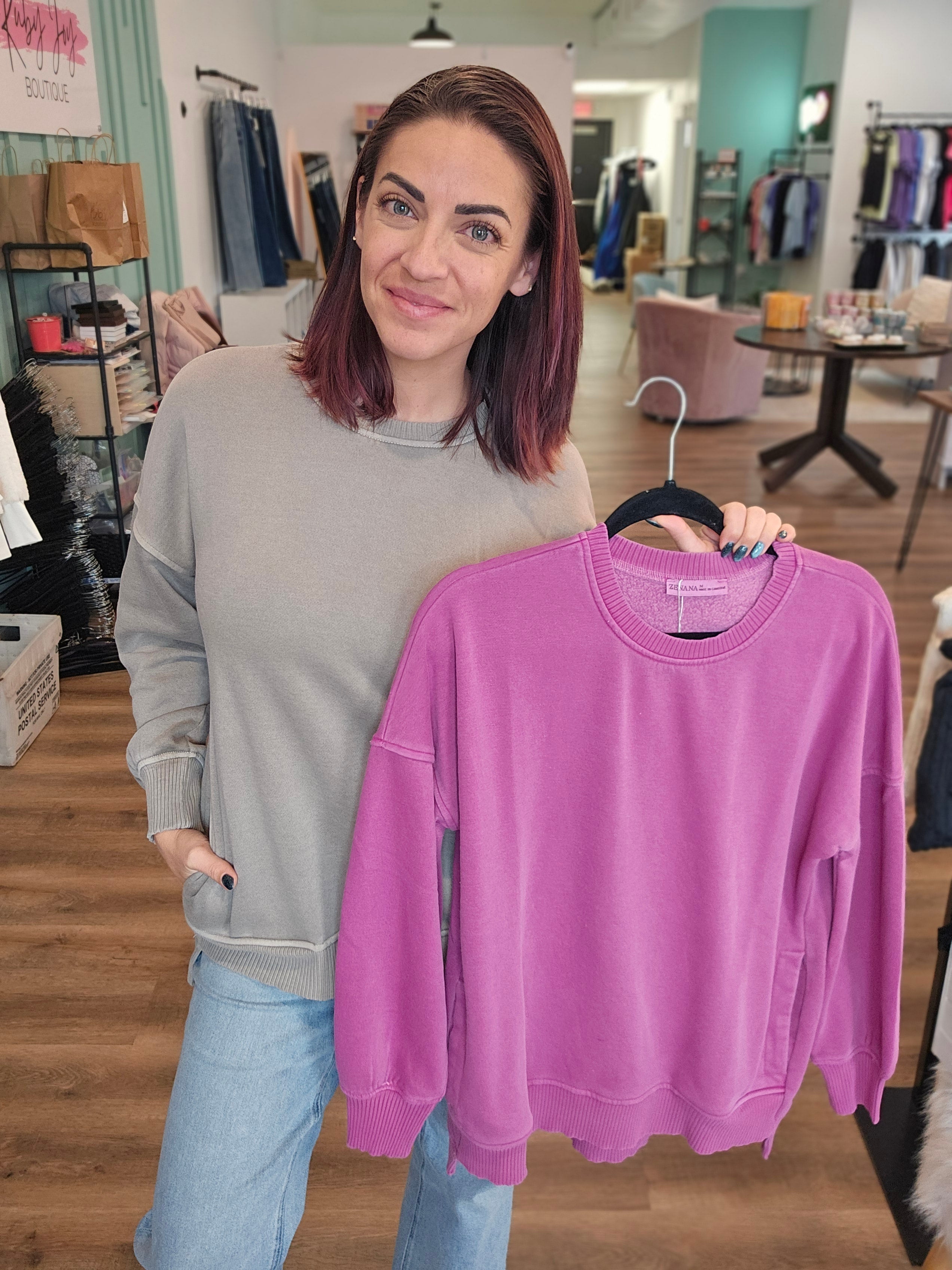 Shop Fleece Pigment Dyed Pullover with Pockets - Orchid- at Ruby Joy Boutique, a Women's Clothing Store in Pickerington, Ohio