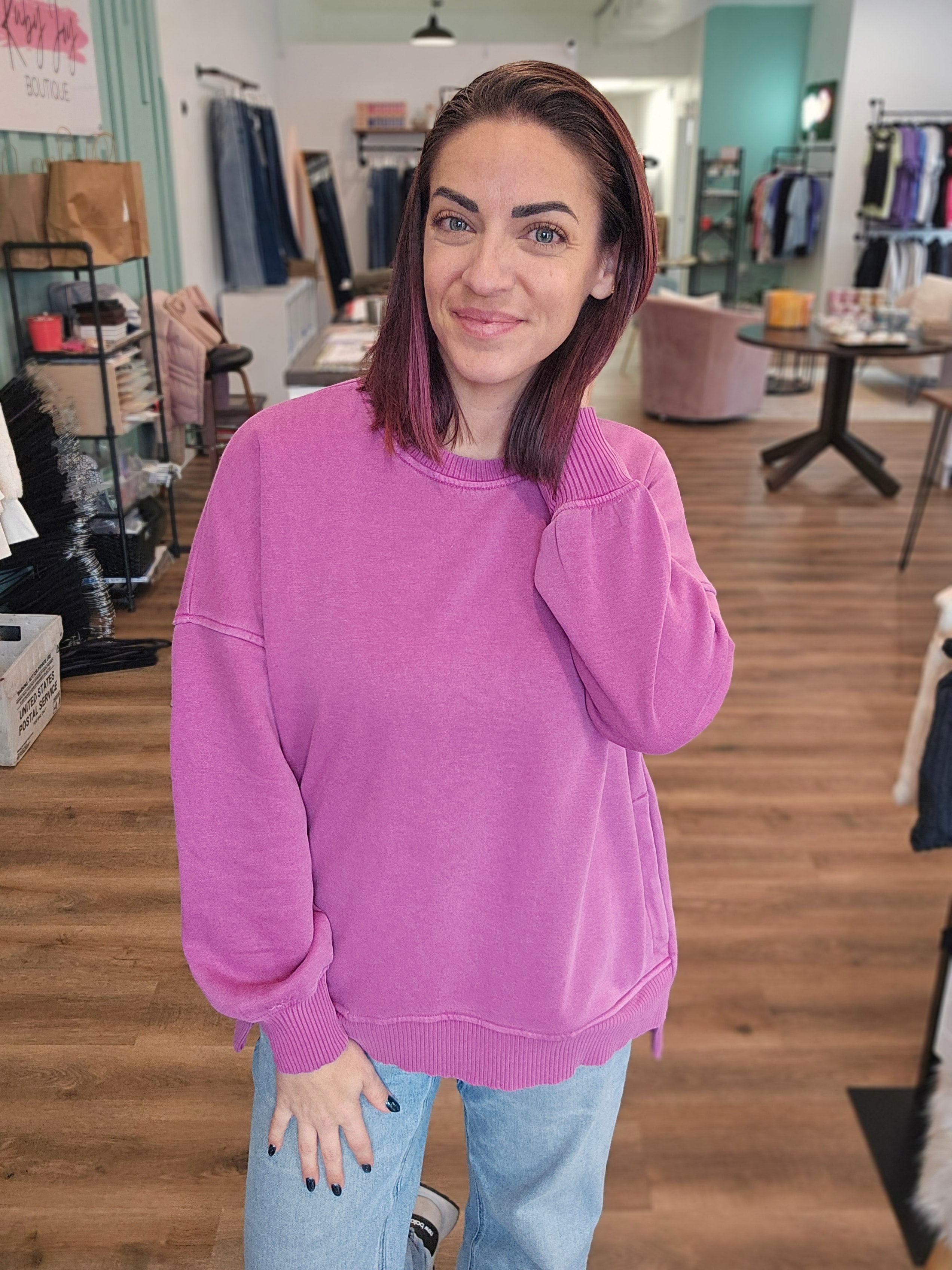 Shop Fleece Pigment Dyed Pullover with Pockets - Orchid- at Ruby Joy Boutique, a Women's Clothing Store in Pickerington, Ohio