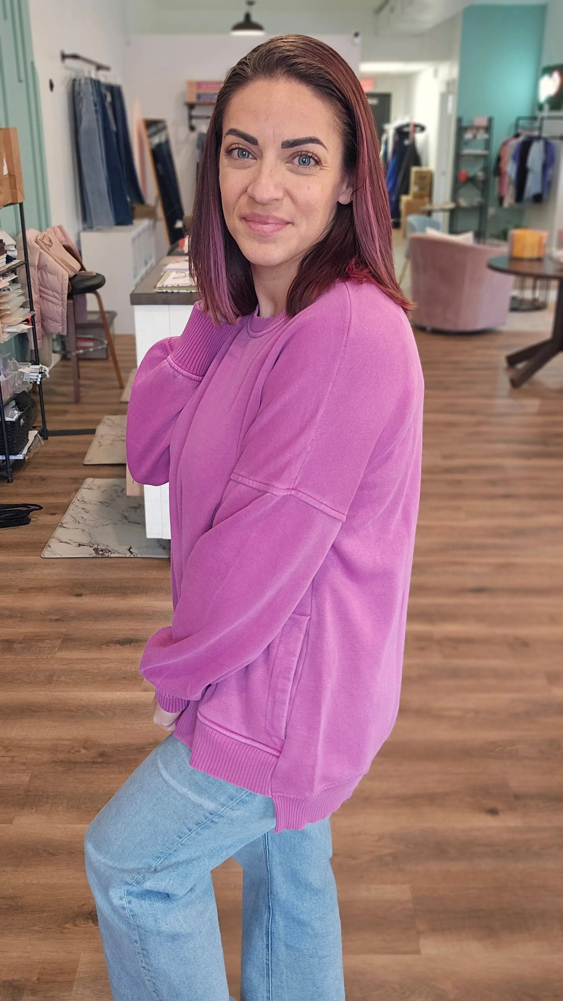 Shop Fleece Pigment Dyed Pullover with Pockets - Orchid- at Ruby Joy Boutique, a Women's Clothing Store in Pickerington, Ohio