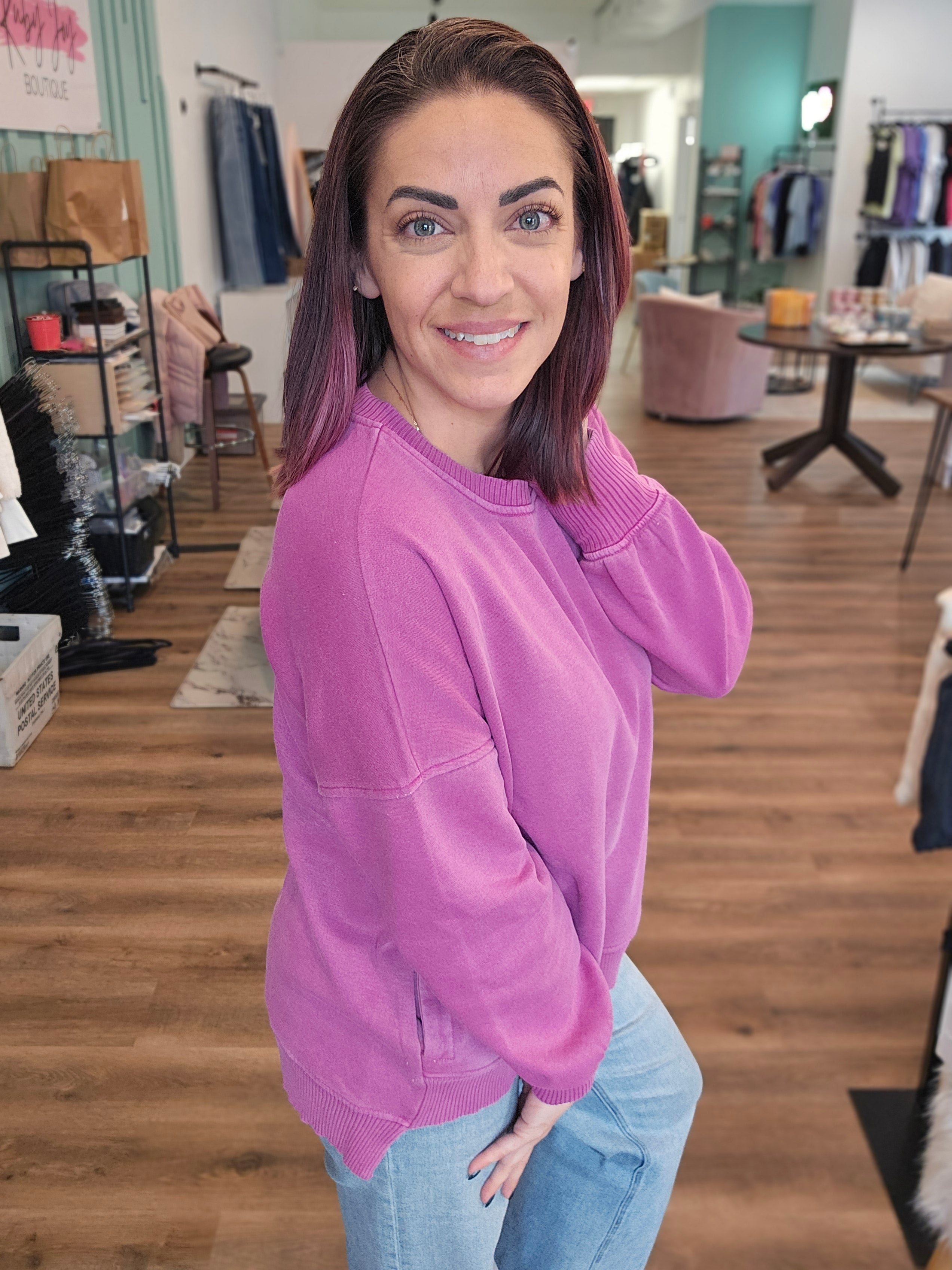 Shop Fleece Pigment Dyed Pullover with Pockets - Orchid- at Ruby Joy Boutique, a Women's Clothing Store in Pickerington, Ohio