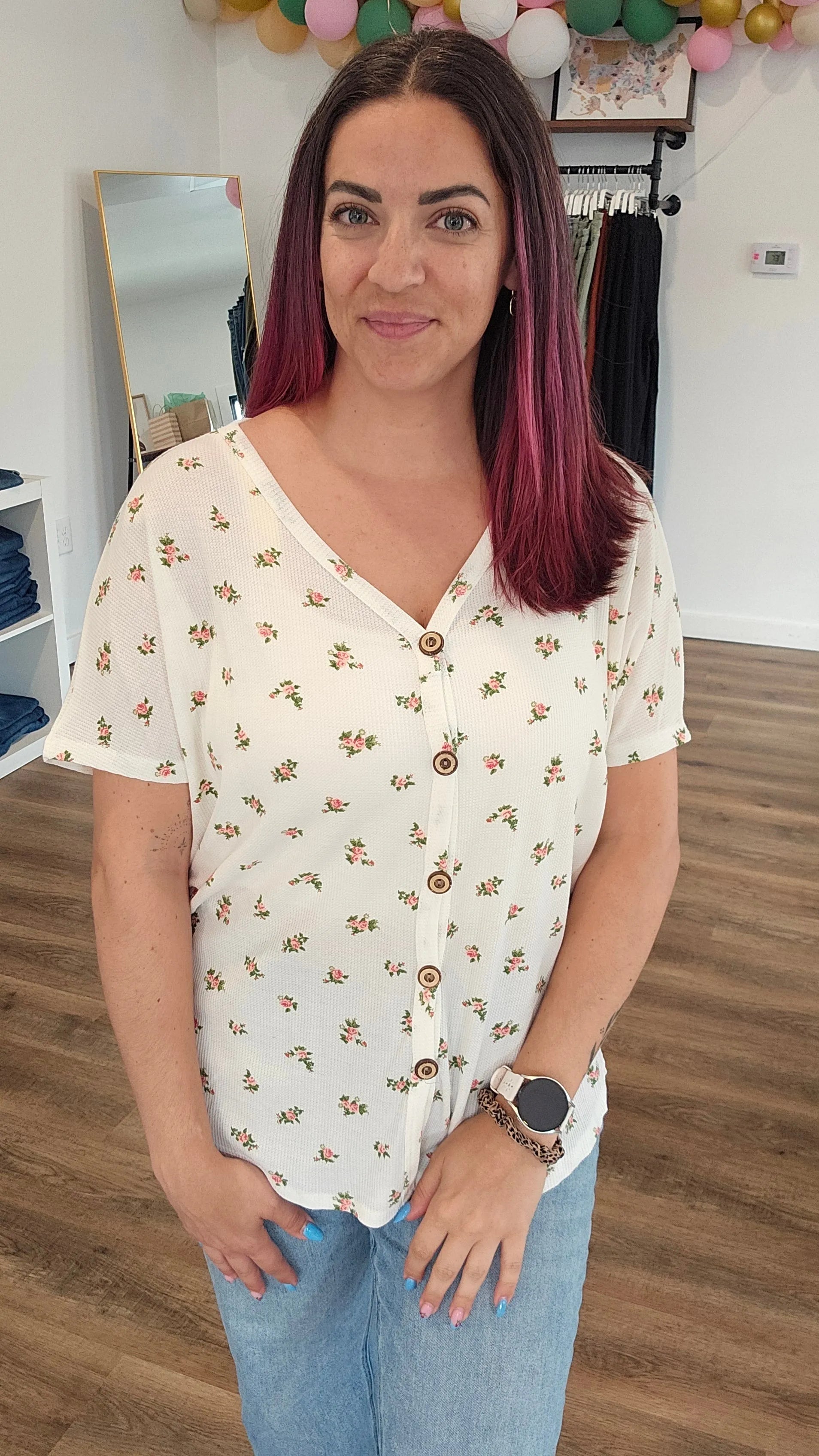 Shop Floral Button Front Top - Coral- at Ruby Joy Boutique, a Women's Clothing Store in Pickerington, Ohio