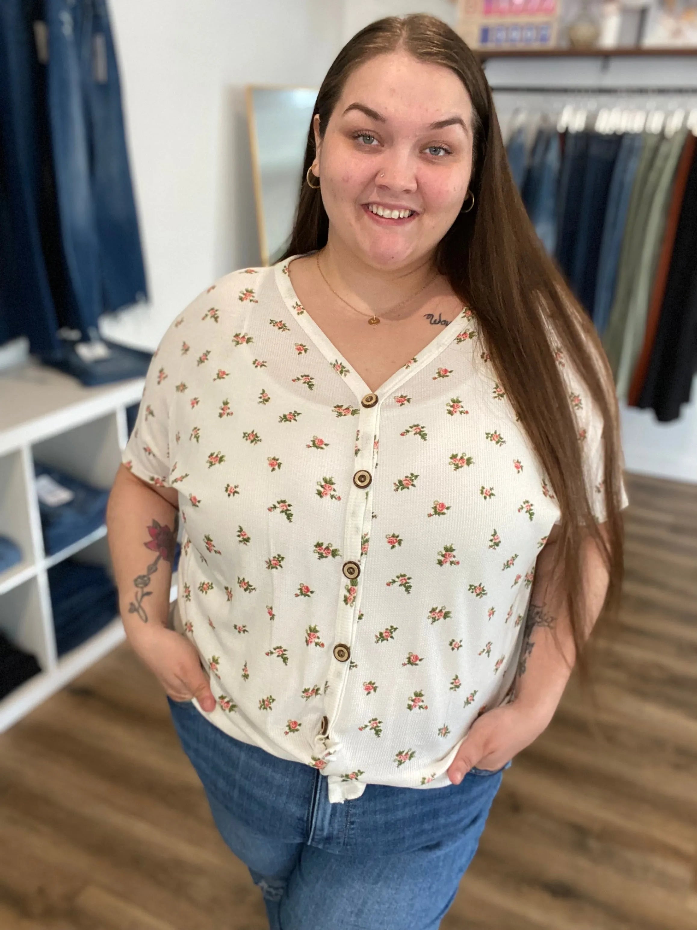 Shop Floral Button Front Top - Coral- at Ruby Joy Boutique, a Women's Clothing Store in Pickerington, Ohio