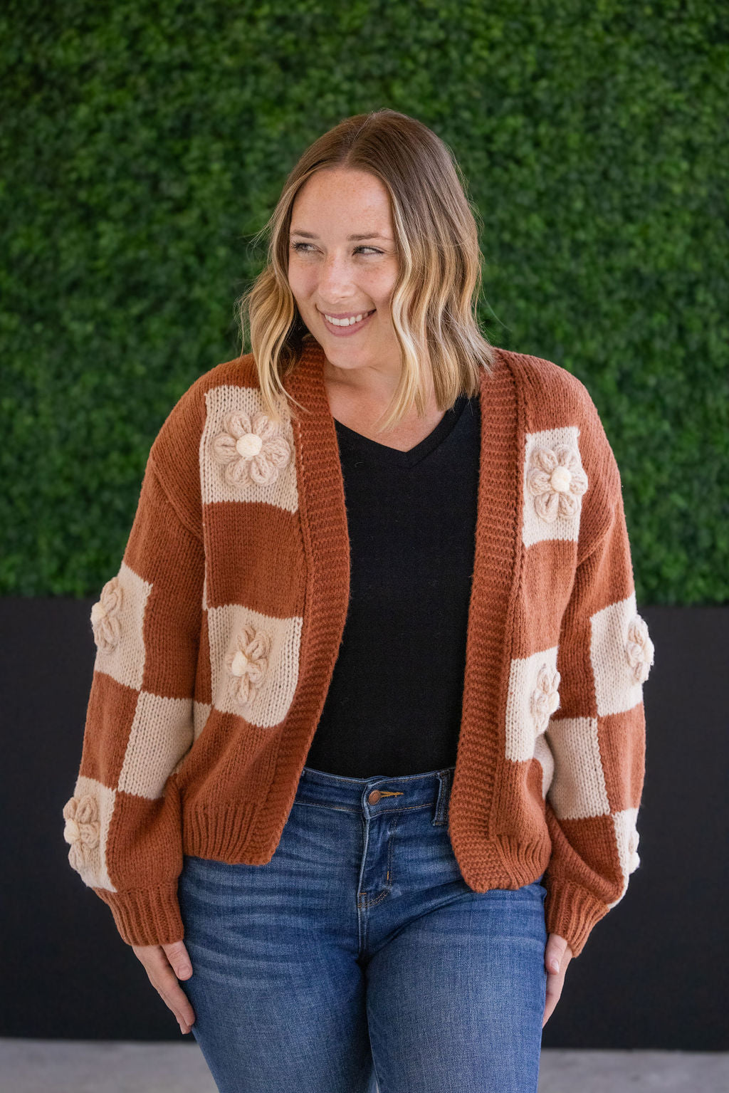 Shop Floral Checker Cardigan - Rust-Cardigan at Ruby Joy Boutique, a Women's Clothing Store in Pickerington, Ohio