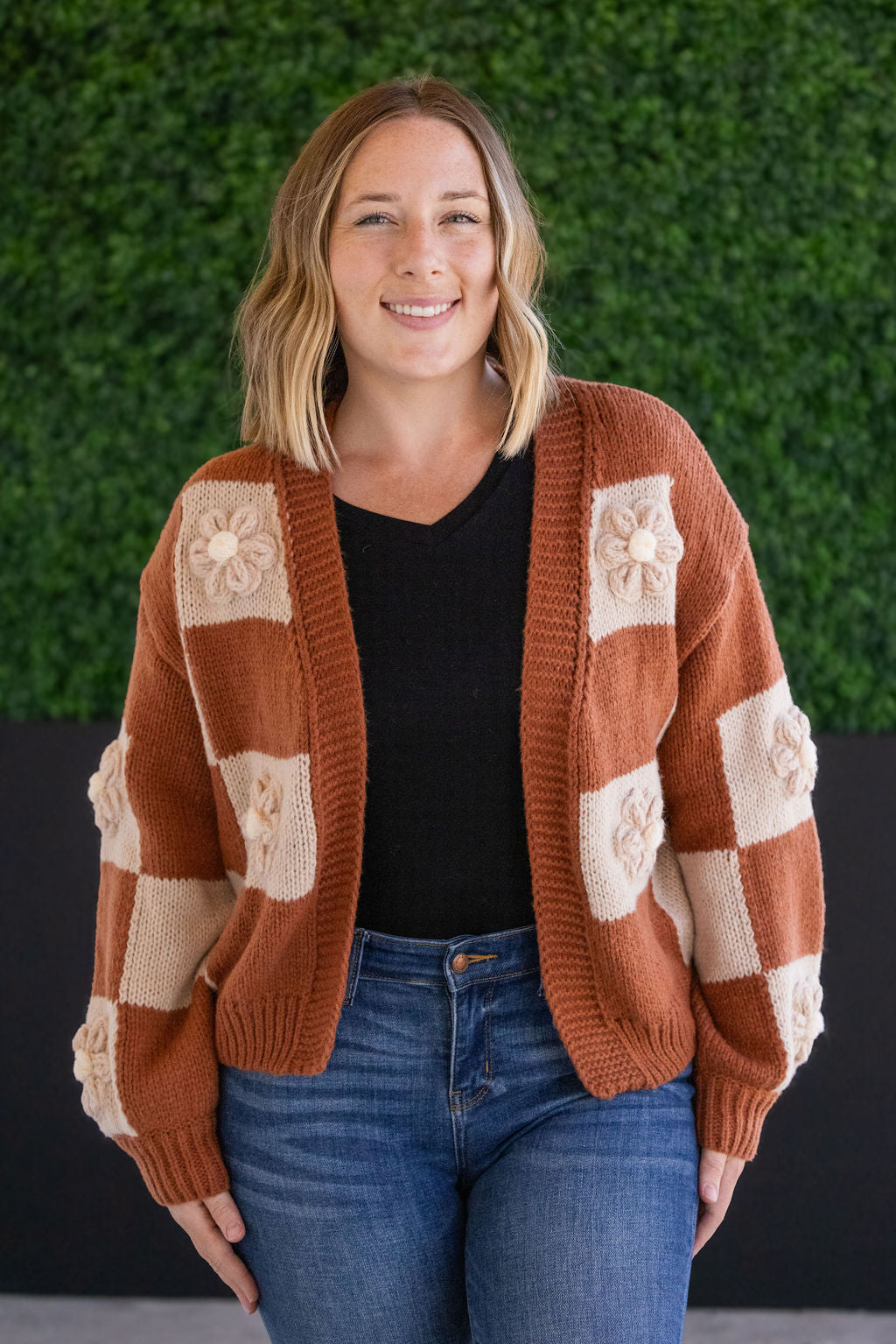 Shop Floral Checker Cardigan - Rust-Cardigan at Ruby Joy Boutique, a Women's Clothing Store in Pickerington, Ohio