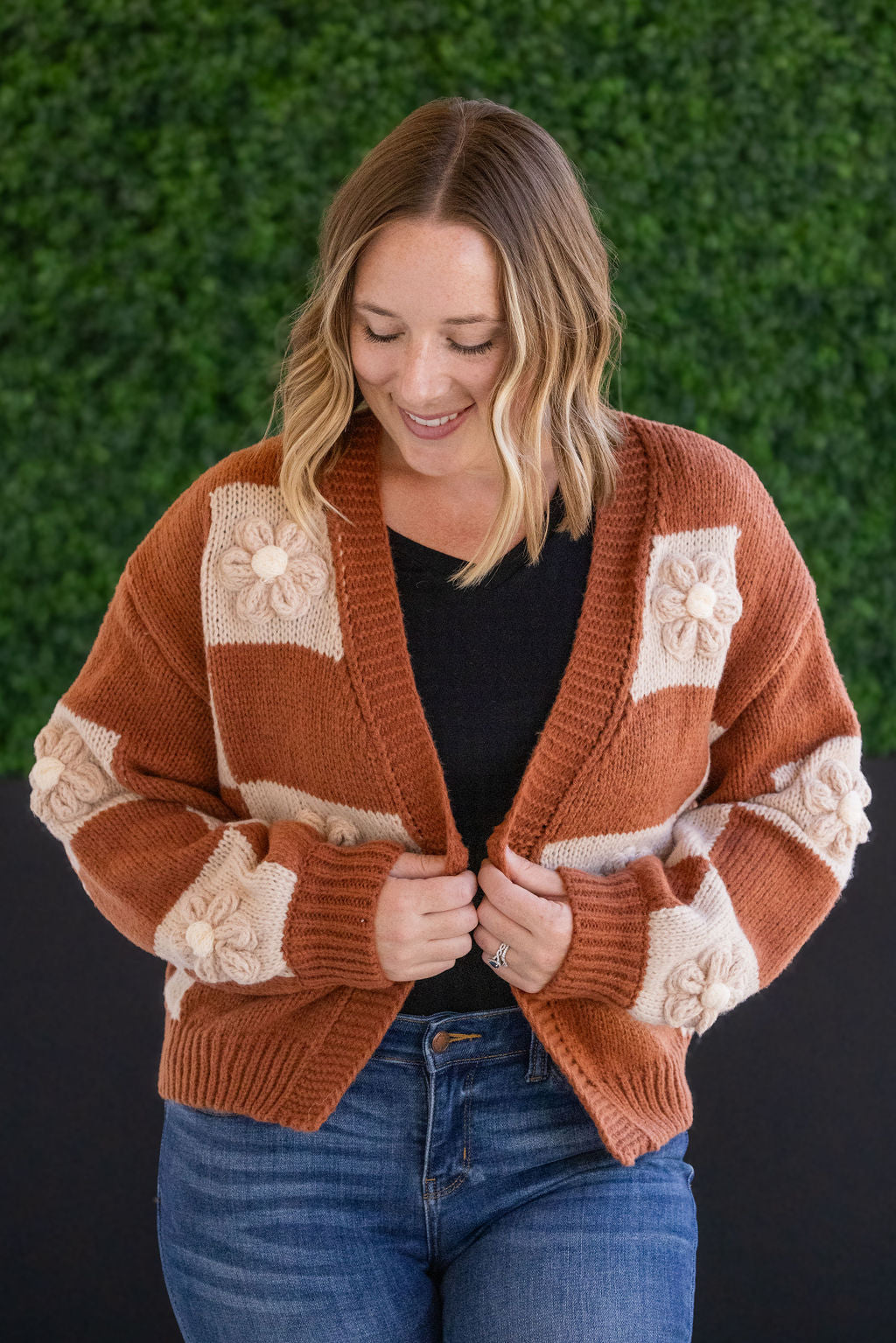 Shop Floral Checker Cardigan - Rust-Cardigan at Ruby Joy Boutique, a Women's Clothing Store in Pickerington, Ohio