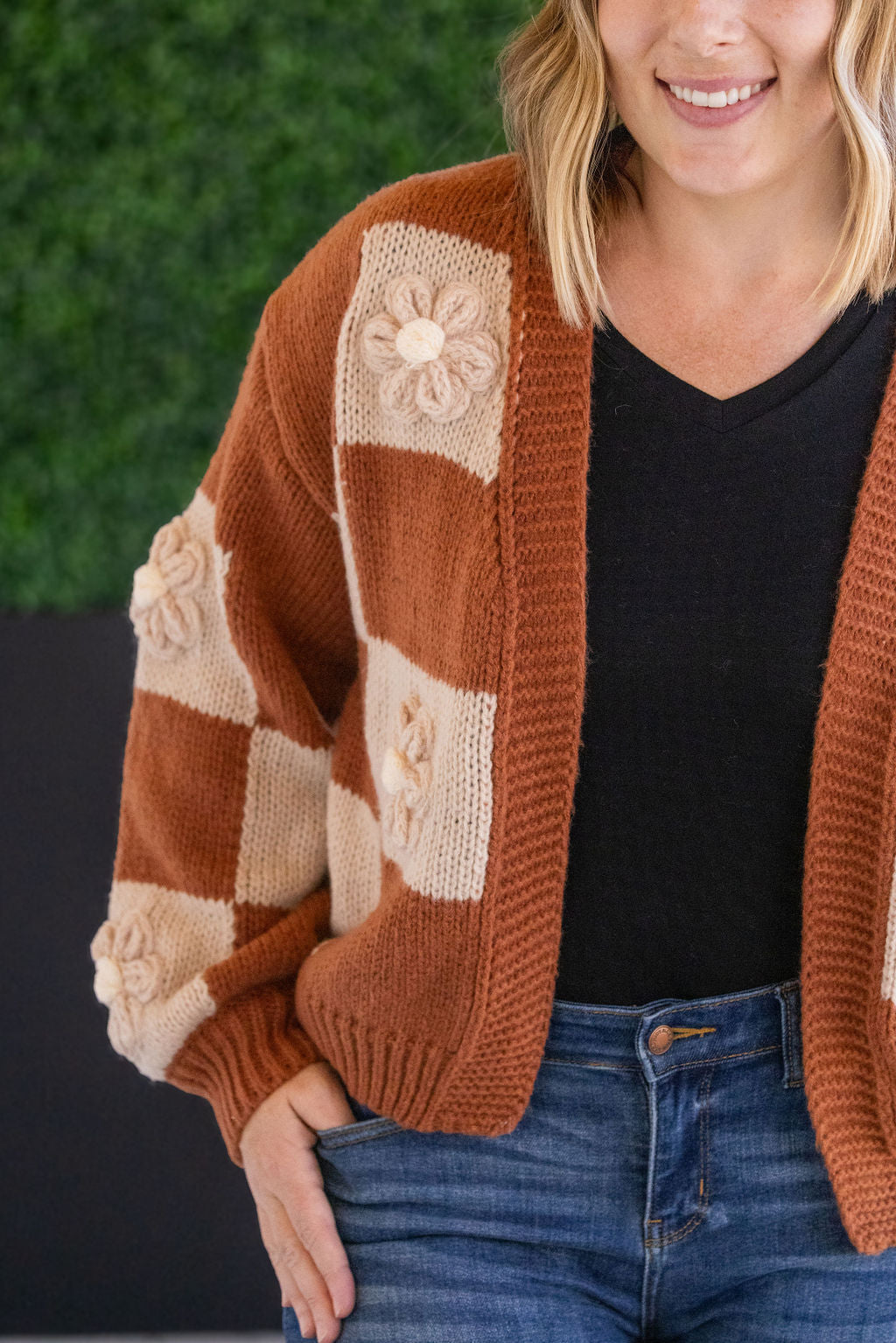 Shop Floral Checker Cardigan - Rust-Cardigan at Ruby Joy Boutique, a Women's Clothing Store in Pickerington, Ohio