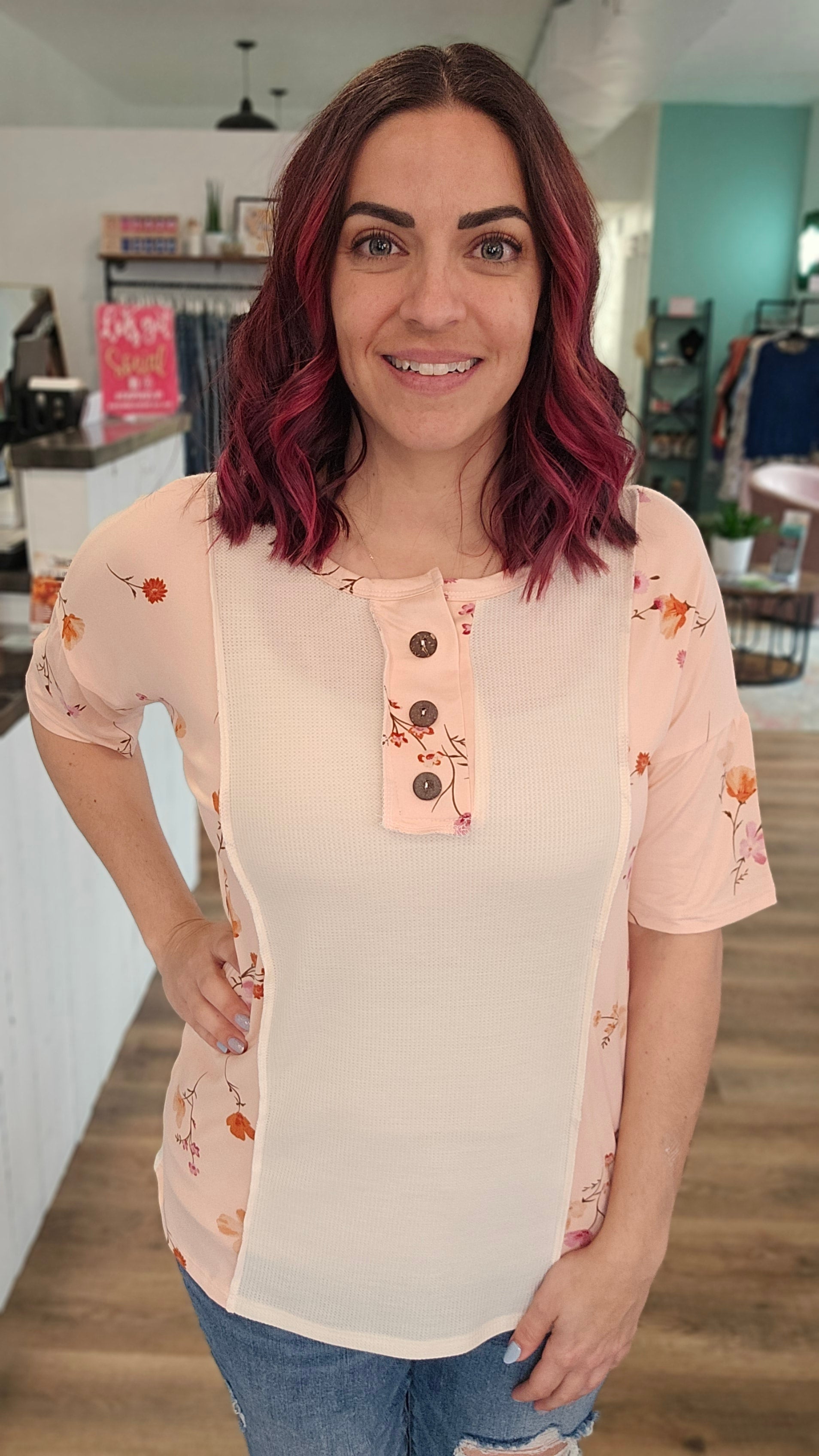 Shop Floral Color Block Top-Short Sleeve Top at Ruby Joy Boutique, a Women's Clothing Store in Pickerington, Ohio