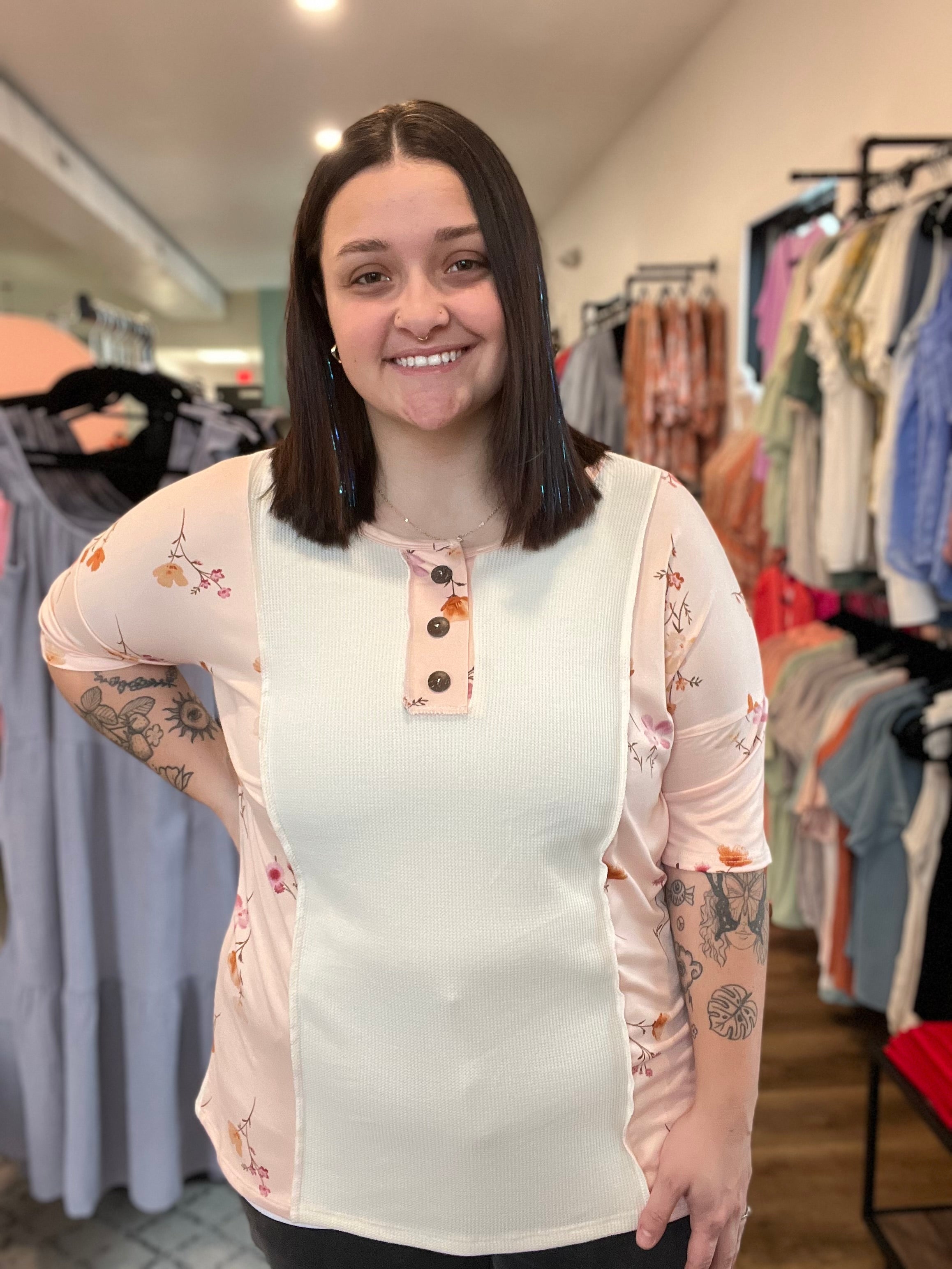 Shop Floral Color Block Top-Short Sleeve Top at Ruby Joy Boutique, a Women's Clothing Store in Pickerington, Ohio