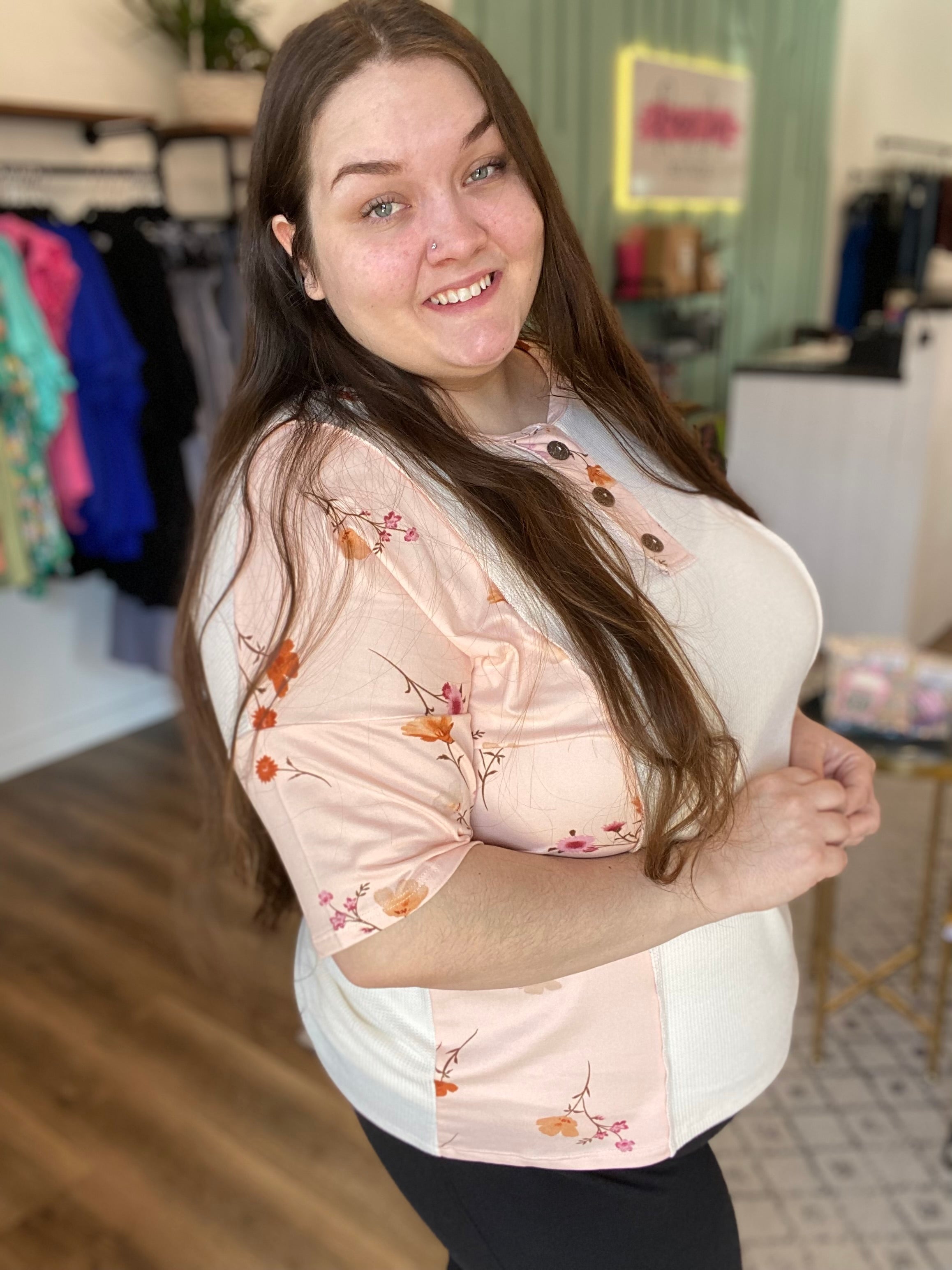 Shop Floral Color Block Top-Short Sleeve Top at Ruby Joy Boutique, a Women's Clothing Store in Pickerington, Ohio