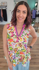 Shop Floral Print Contrast Trim Sleeveless Peplum Blouse- at Ruby Joy Boutique, a Women's Clothing Store in Pickerington, Ohio