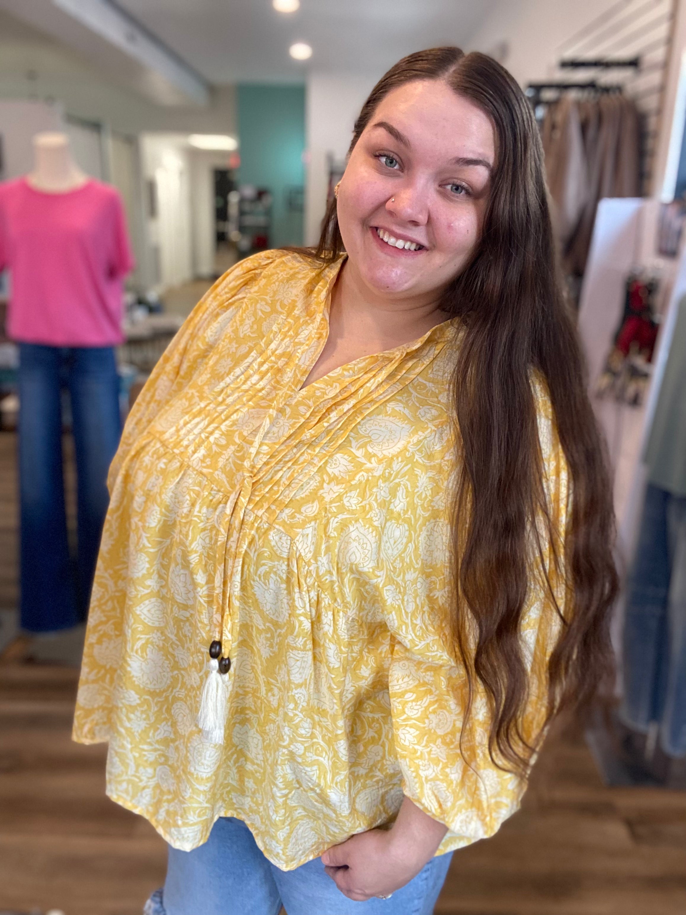 Shop Floral Print Peasant Top with Puff Sleeves and Tie Neck- at Ruby Joy Boutique, a Women's Clothing Store in Pickerington, Ohio
