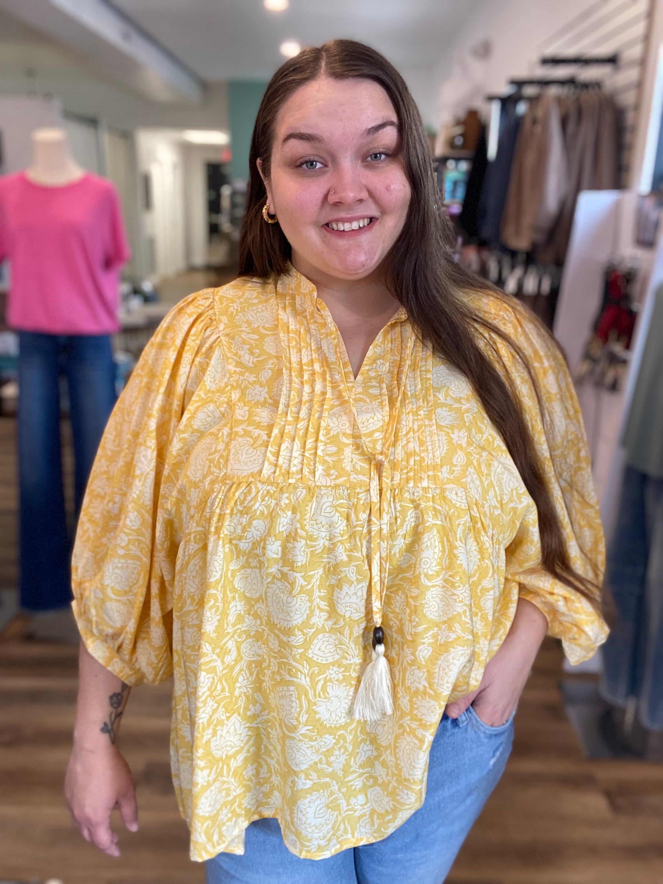 Shop Floral Print Peasant Top with Puff Sleeves and Tie Neck- at Ruby Joy Boutique, a Women's Clothing Store in Pickerington, Ohio