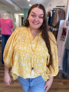 Shop Floral Print Peasant Top with Puff Sleeves and Tie Neck-1XL at Ruby Joy Boutique, a Women's Clothing Store in Pickerington, Ohio