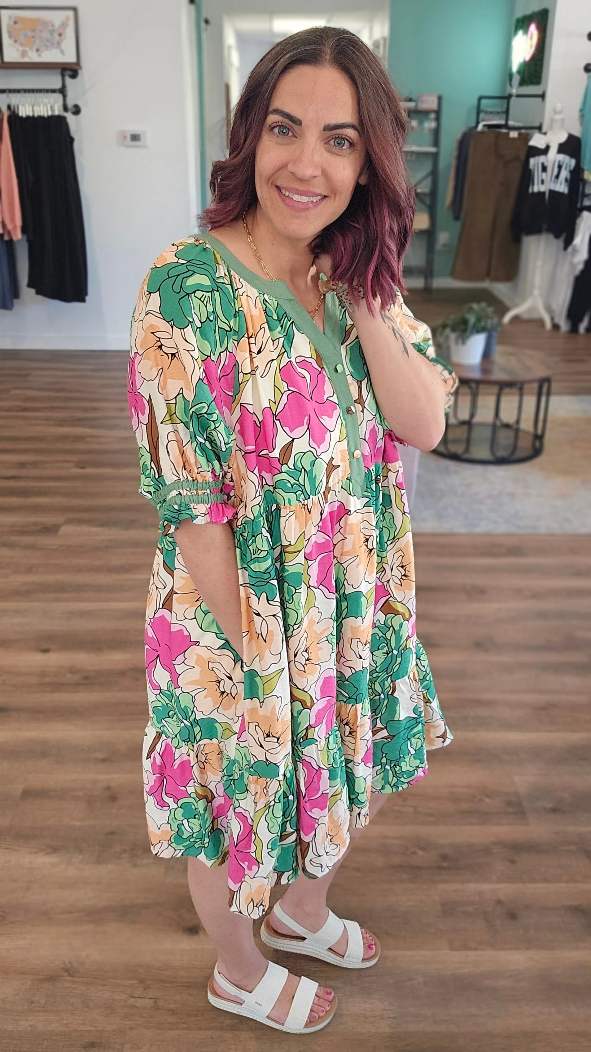 Shop Floral Tiered Babydoll Dress- at Ruby Joy Boutique, a Women's Clothing Store in Pickerington, Ohio