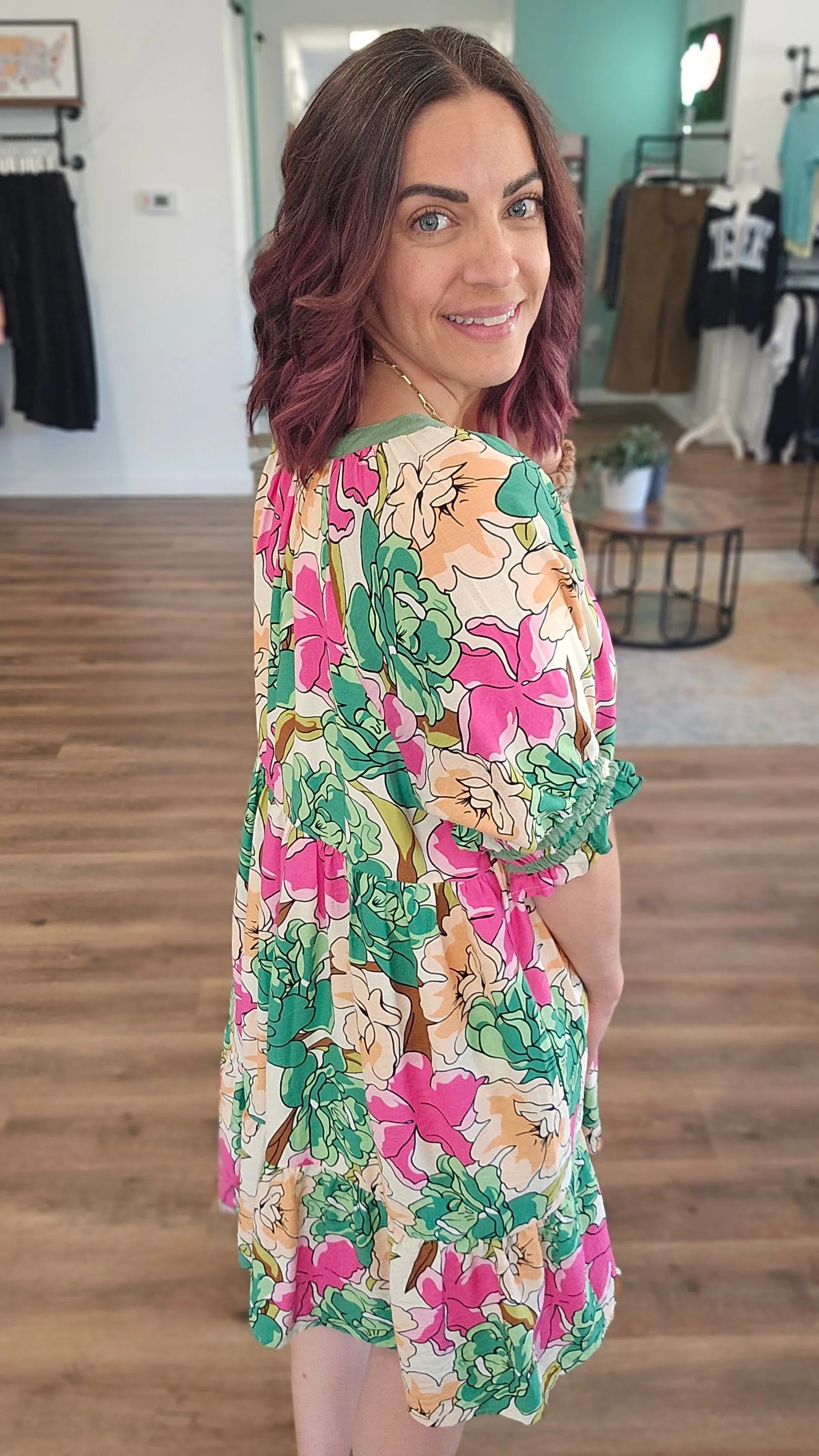 Shop Floral Tiered Babydoll Dress- at Ruby Joy Boutique, a Women's Clothing Store in Pickerington, Ohio