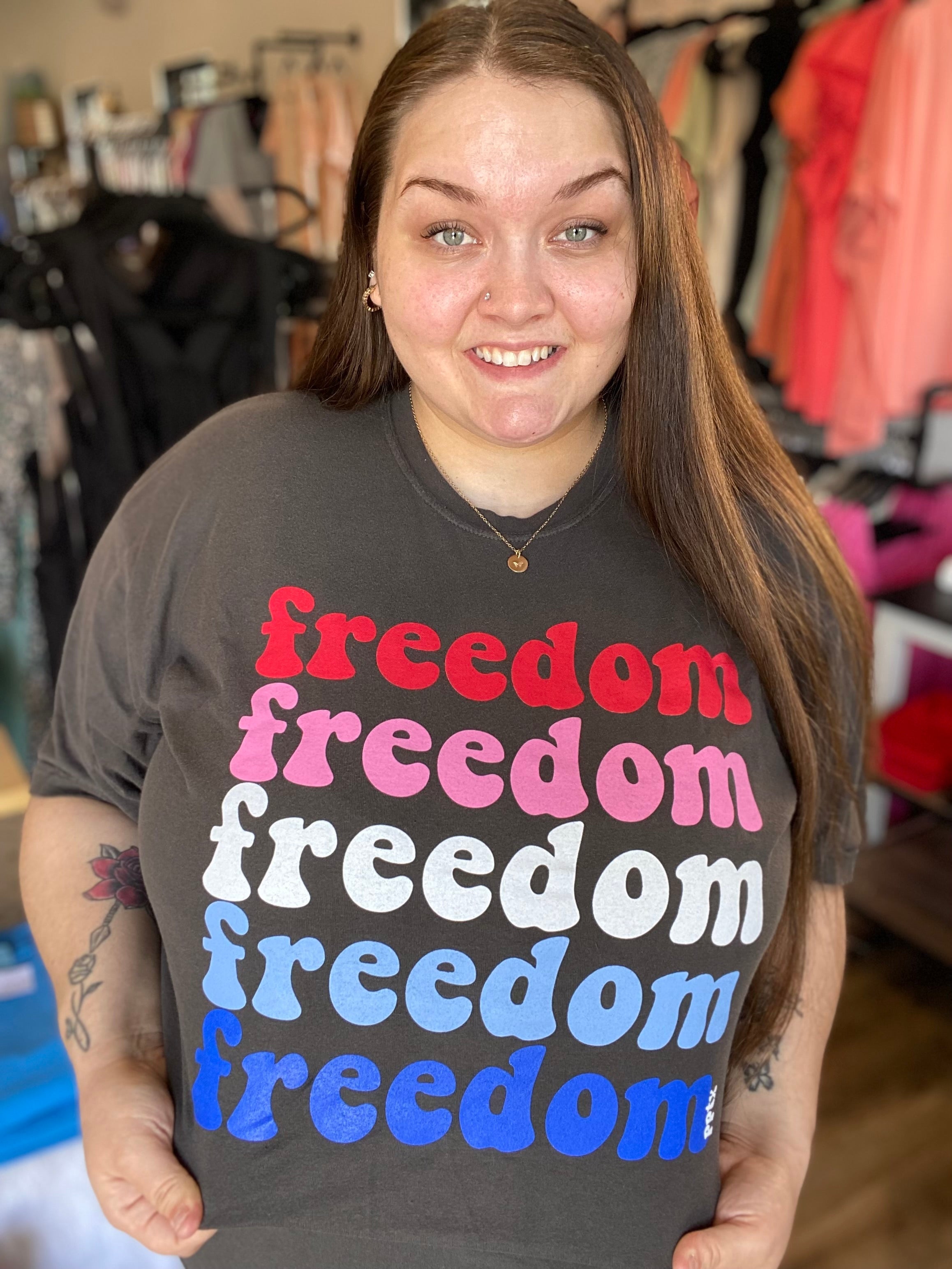 Shop Freedom Freedom Graphic Tee-Graphic Tee at Ruby Joy Boutique, a Women's Clothing Store in Pickerington, Ohio