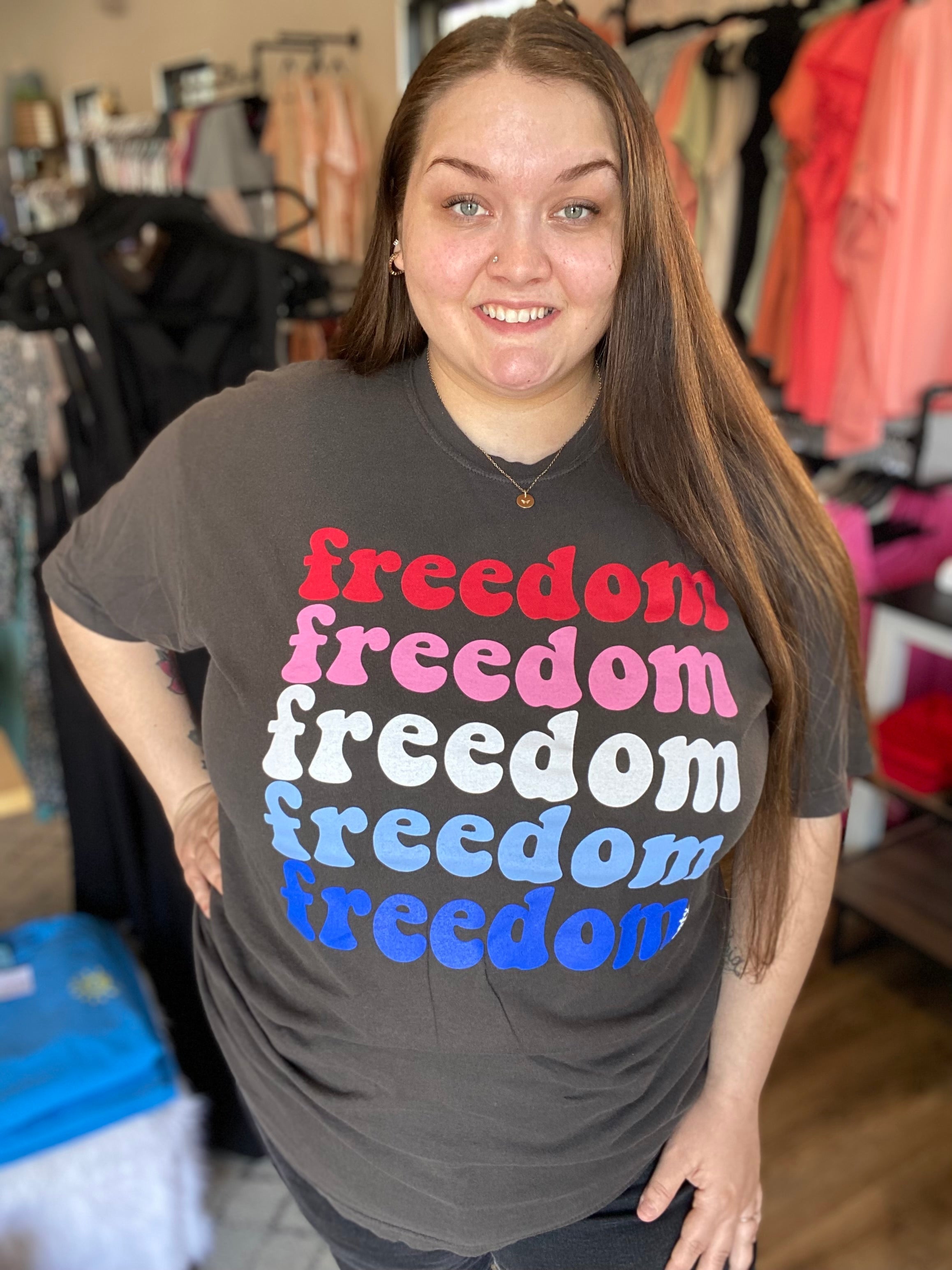Shop Freedom Freedom Graphic Tee-Graphic Tee at Ruby Joy Boutique, a Women's Clothing Store in Pickerington, Ohio