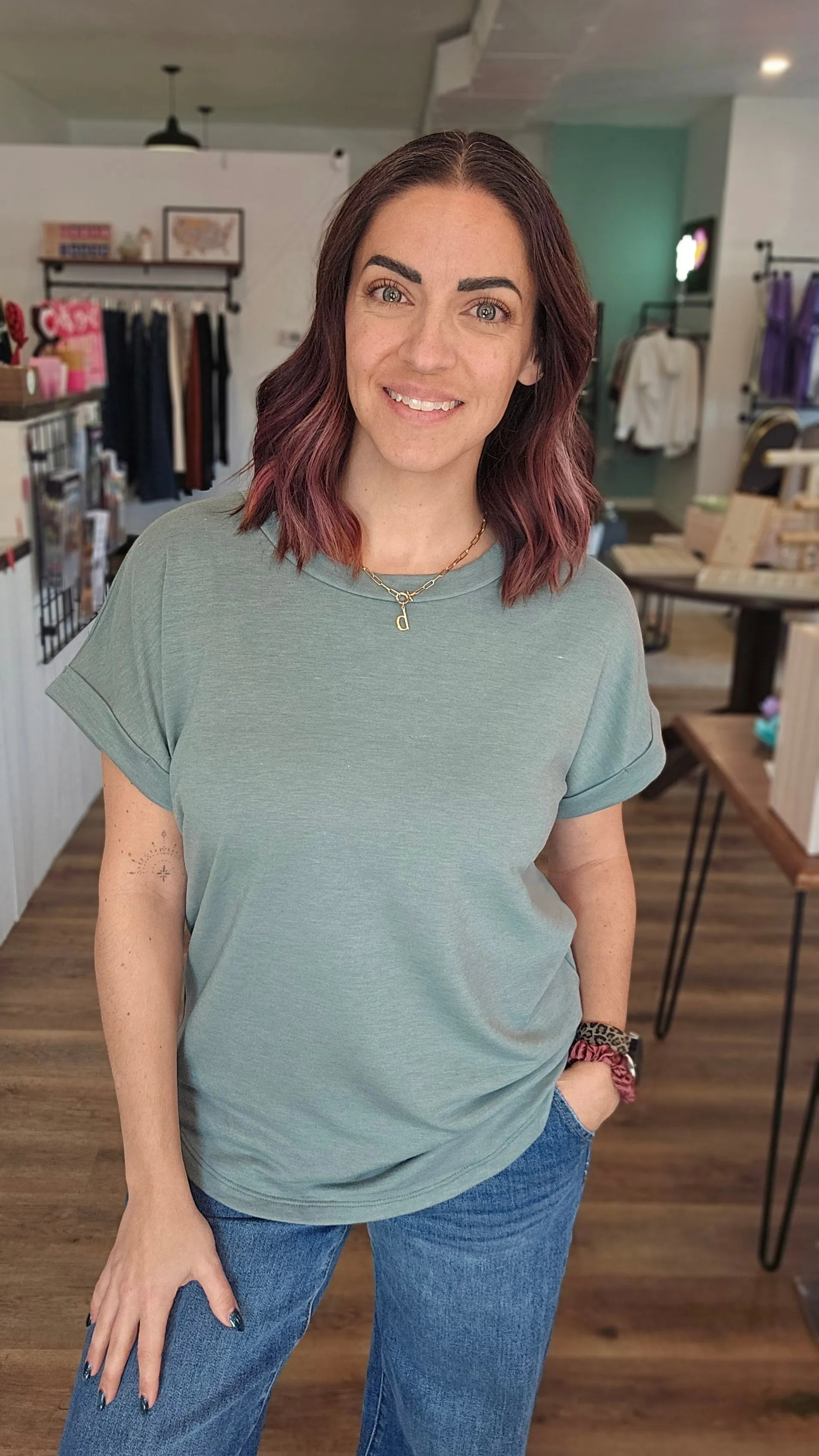 Shop French Terry Rolled Cuff Dolman Tee | Sage- at Ruby Joy Boutique, a Women's Clothing Store in Pickerington, Ohio