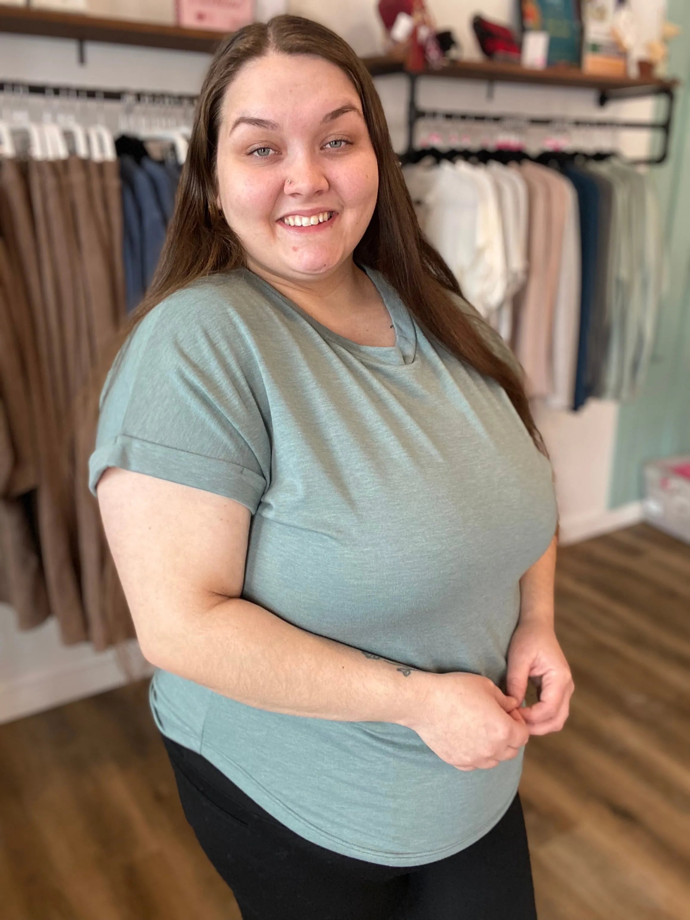 Shop French Terry Rolled Cuff Dolman Tee | Sage- at Ruby Joy Boutique, a Women's Clothing Store in Pickerington, Ohio