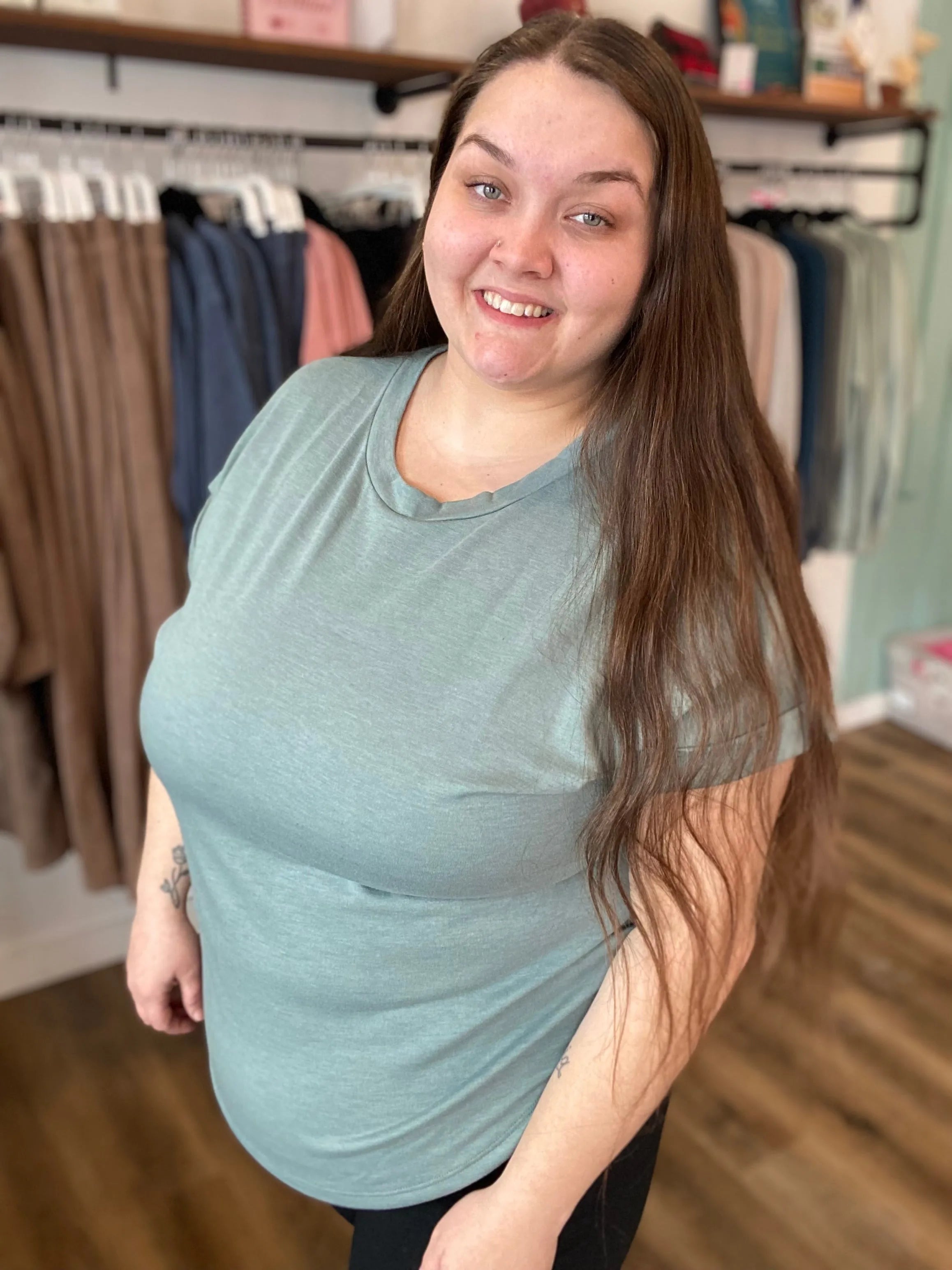 Shop French Terry Rolled Cuff Dolman Tee | Sage- at Ruby Joy Boutique, a Women's Clothing Store in Pickerington, Ohio