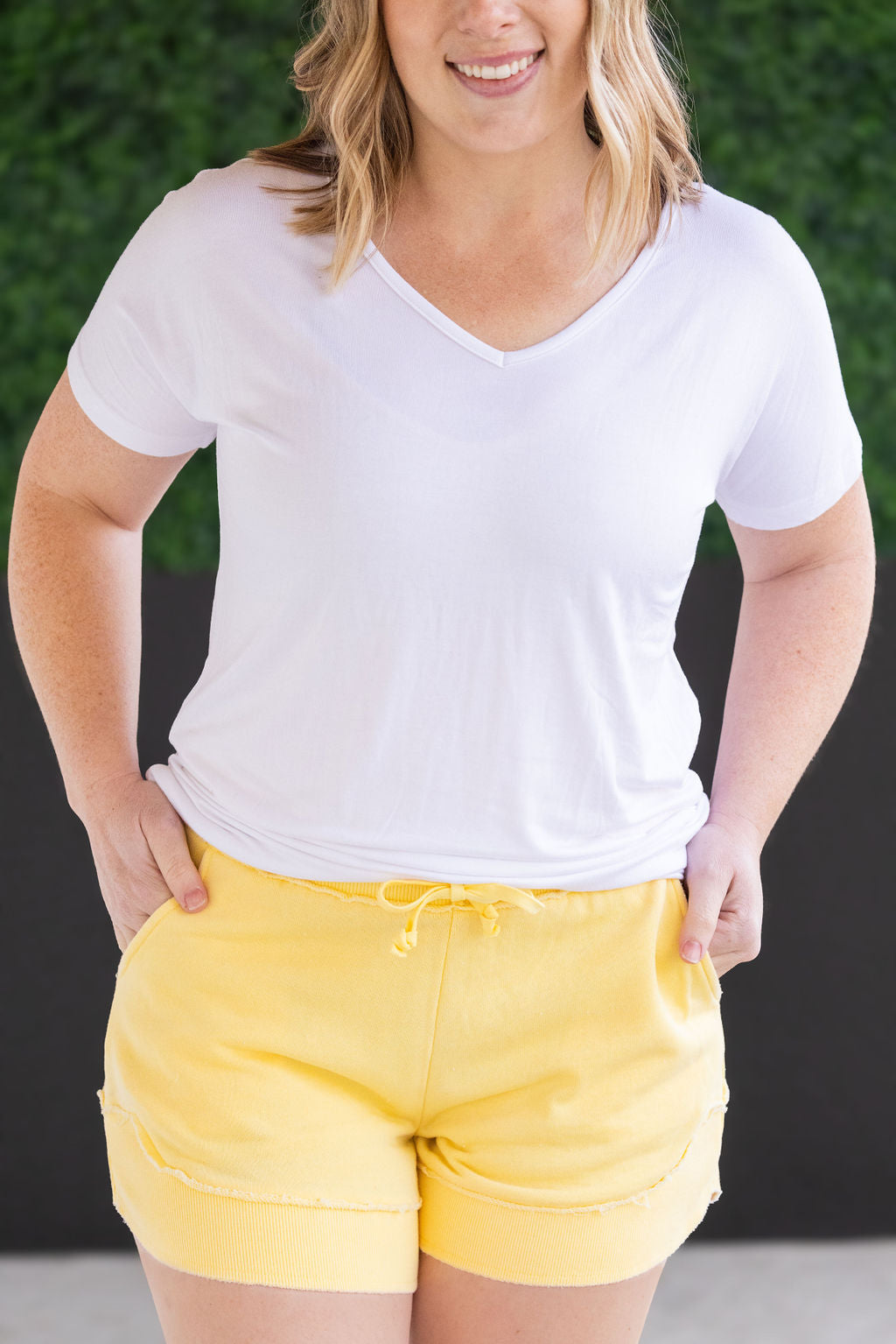 Shop French Terry Stevie Shorts - Lemon Drop- at Ruby Joy Boutique, a Women's Clothing Store in Pickerington, Ohio