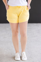 Shop French Terry Stevie Shorts - Lemon Drop- at Ruby Joy Boutique, a Women's Clothing Store in Pickerington, Ohio