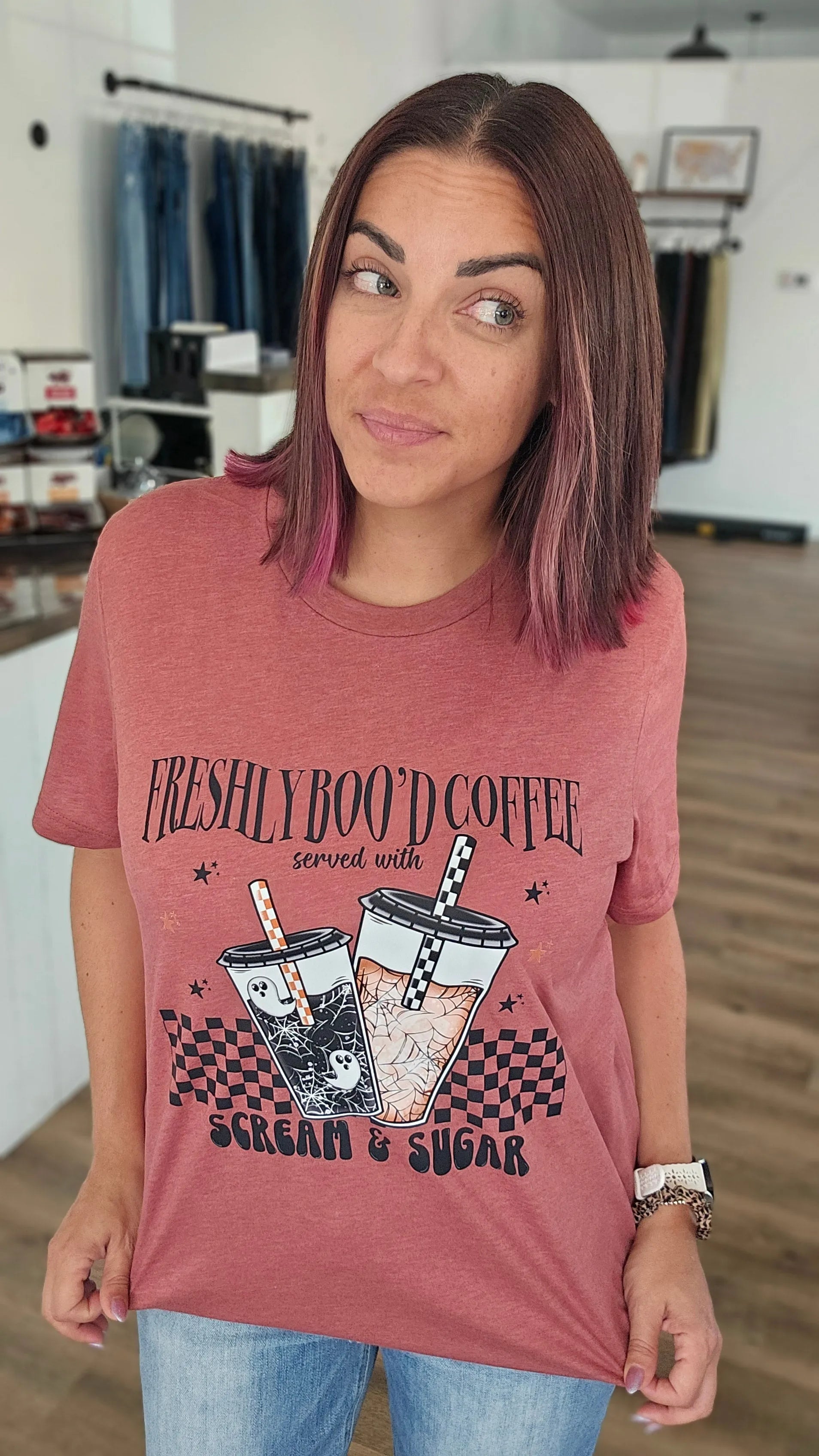Shop Freshly Boo'd Coffee with Scream and Sugar Tee- at Ruby Joy Boutique, a Women's Clothing Store in Pickerington, Ohio