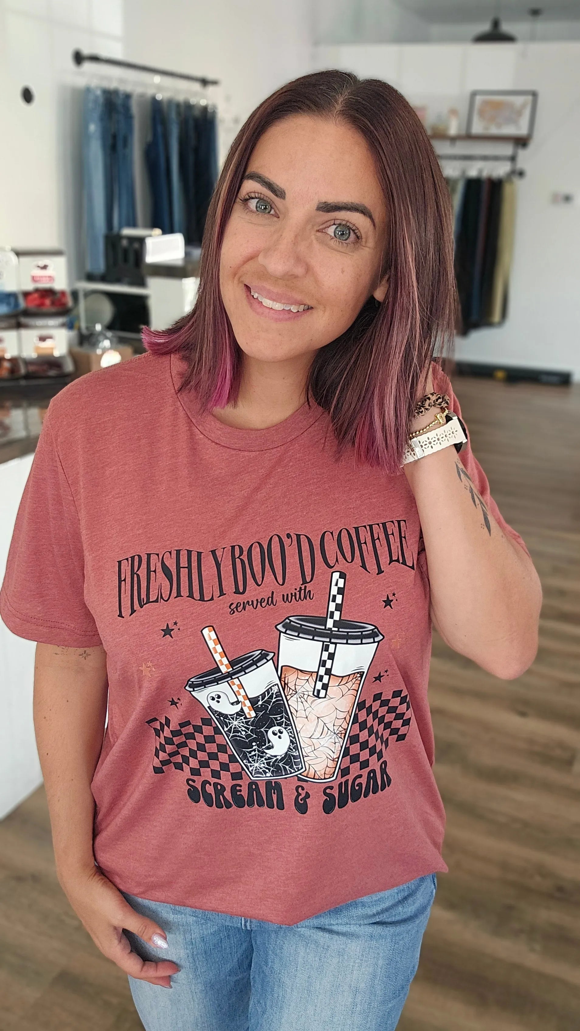 Shop Freshly Boo'd Coffee with Scream and Sugar Tee- at Ruby Joy Boutique, a Women's Clothing Store in Pickerington, Ohio