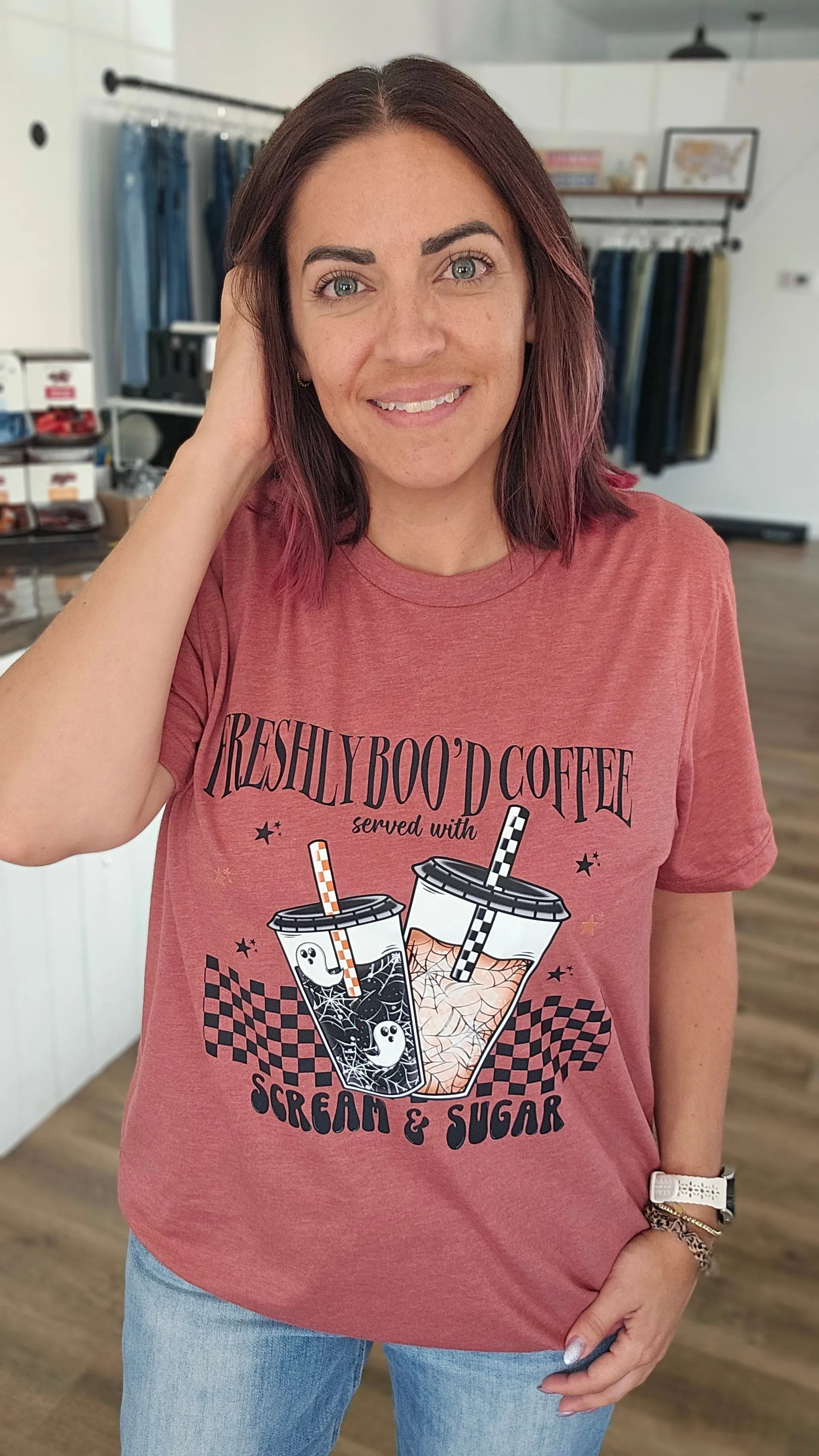 Shop Freshly Boo'd Coffee with Scream and Sugar Tee- at Ruby Joy Boutique, a Women's Clothing Store in Pickerington, Ohio