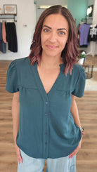 Shop Frilled V-Neck Button Down Top- at Ruby Joy Boutique, a Women's Clothing Store in Pickerington, Ohio