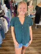 Shop Frilled V-Neck Button Down Top- at Ruby Joy Boutique, a Women's Clothing Store in Pickerington, Ohio