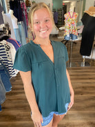 Shop Frilled V-Neck Button Down Top- at Ruby Joy Boutique, a Women's Clothing Store in Pickerington, Ohio
