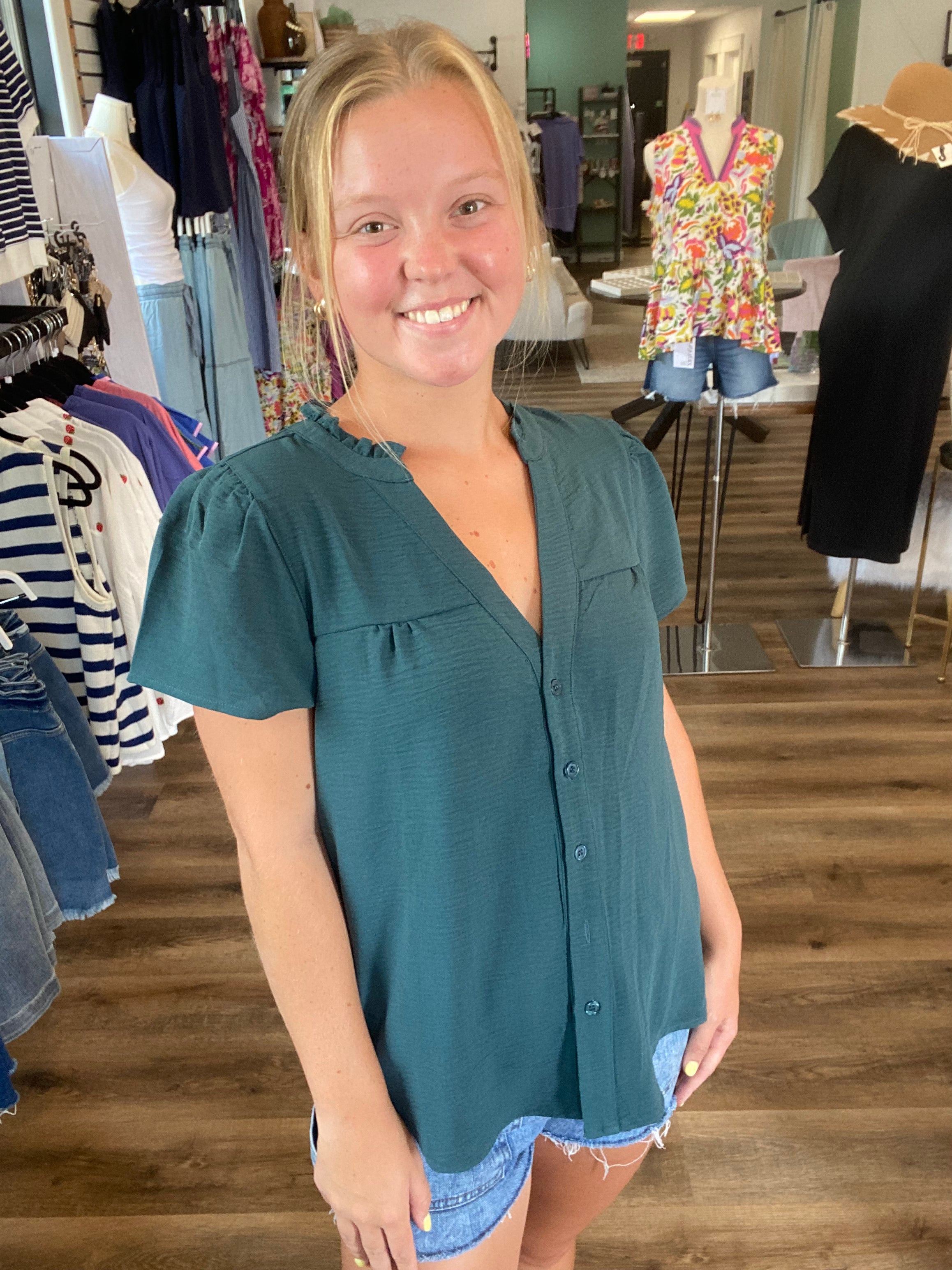Shop Frilled V-Neck Button Down Top- at Ruby Joy Boutique, a Women's Clothing Store in Pickerington, Ohio