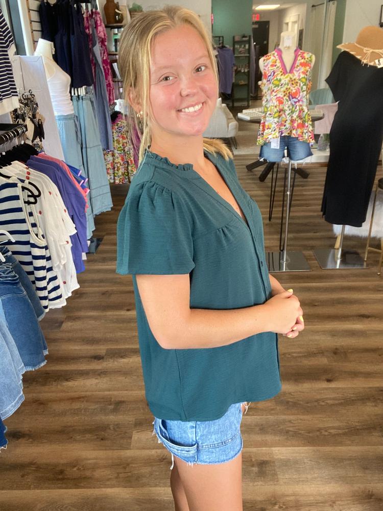 Shop Frilled V-Neck Button Down Top- at Ruby Joy Boutique, a Women's Clothing Store in Pickerington, Ohio