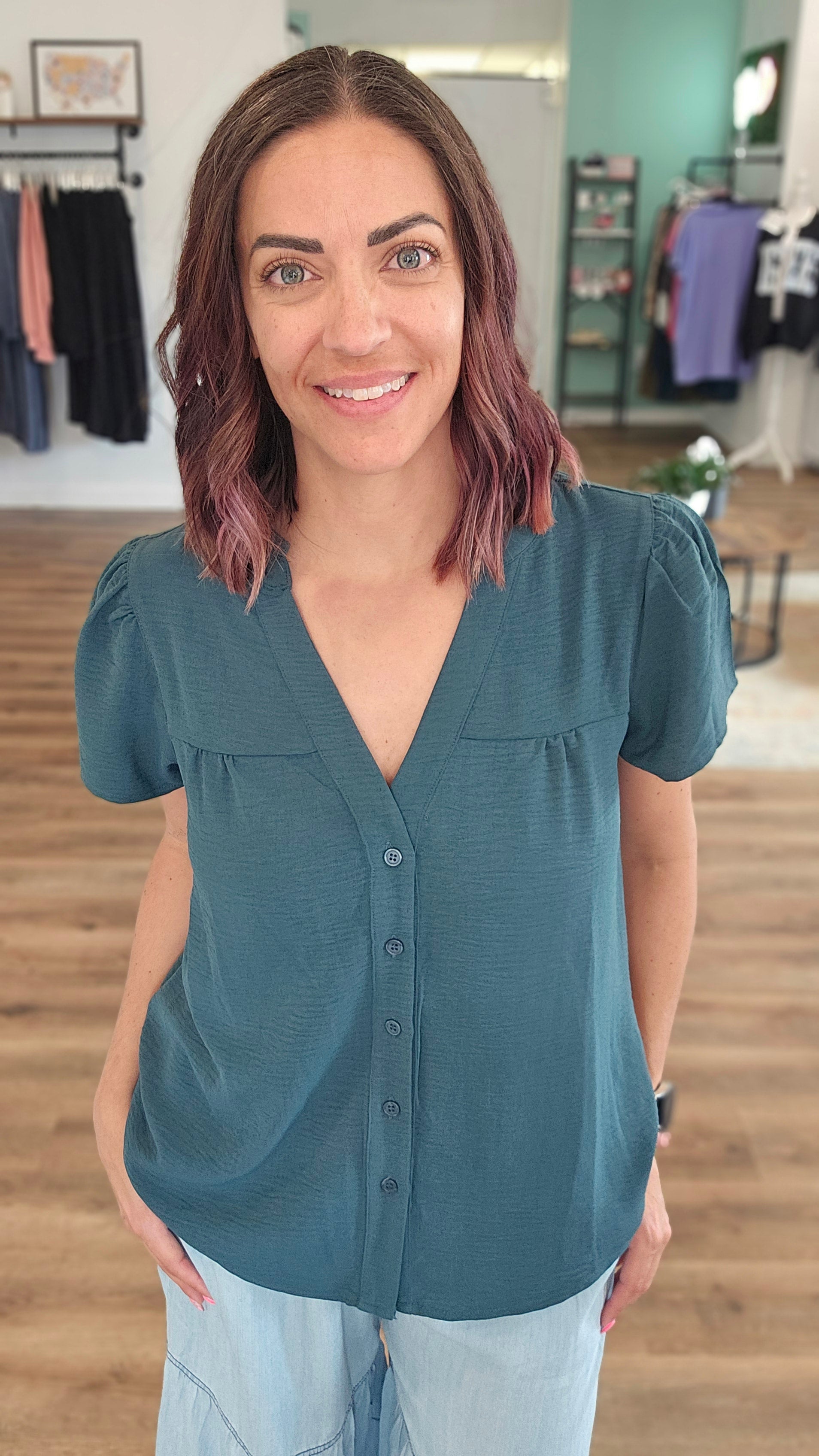 Shop Frilled V-Neck Button Down Top- at Ruby Joy Boutique, a Women's Clothing Store in Pickerington, Ohio