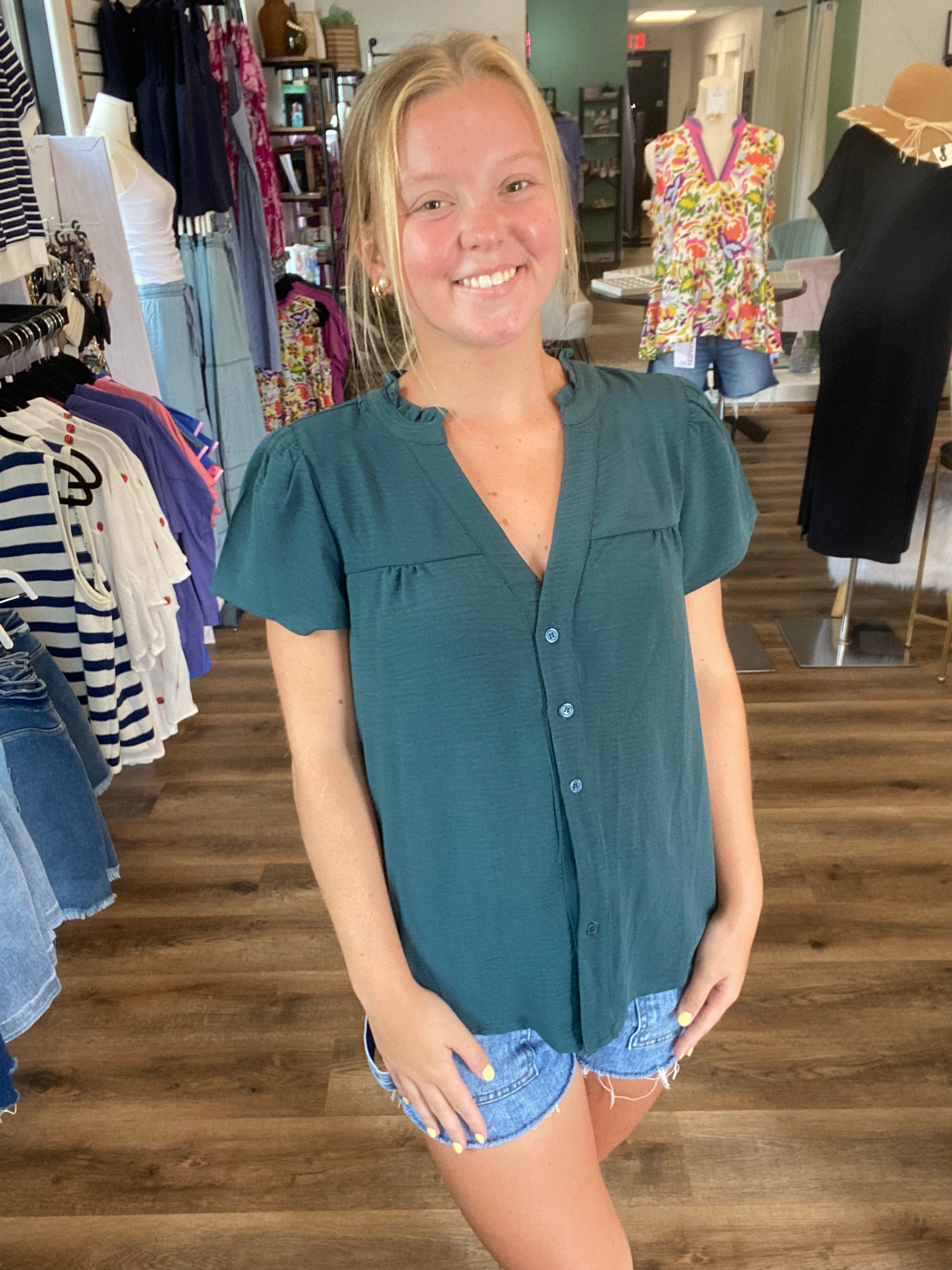 Shop Frilled V-Neck Button Down Top- at Ruby Joy Boutique, a Women's Clothing Store in Pickerington, Ohio