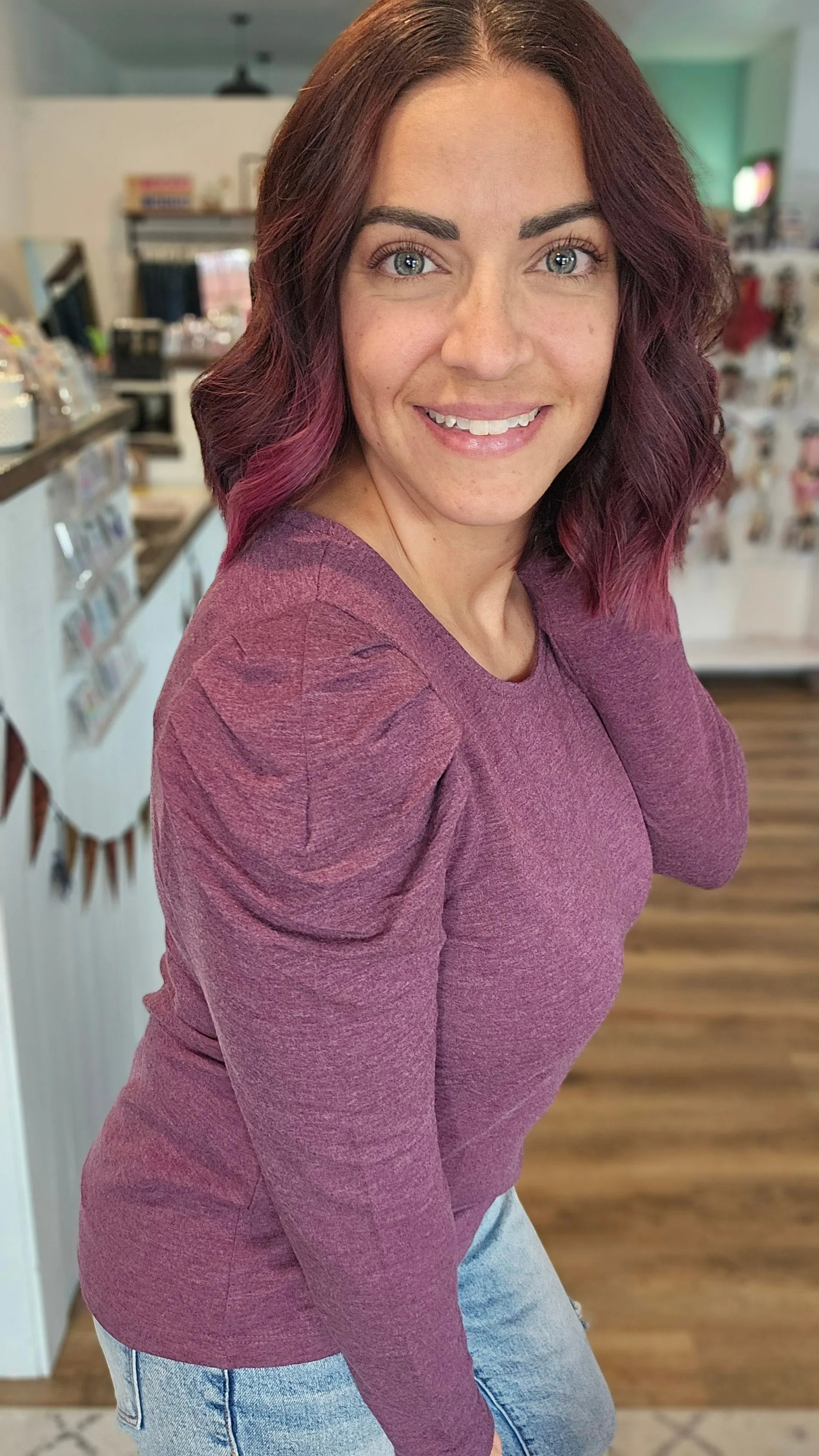 Shop Gathered Puff Sleeve Top - Plum- at Ruby Joy Boutique, a Women's Clothing Store in Pickerington, Ohio