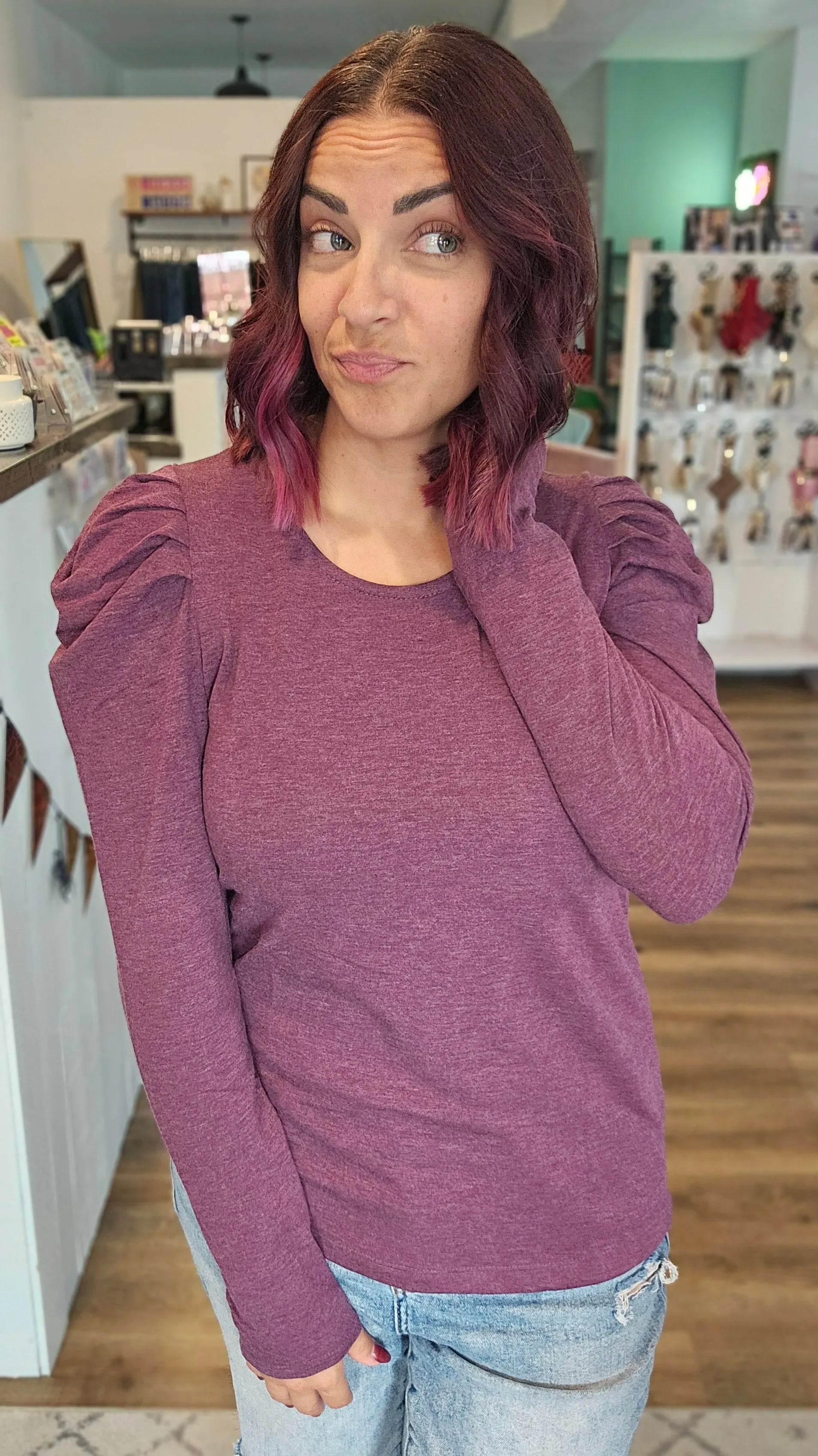 Shop Gathered Puff Sleeve Top - Plum- at Ruby Joy Boutique, a Women's Clothing Store in Pickerington, Ohio