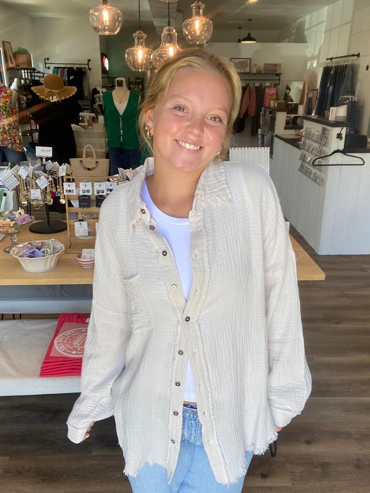 Shop Gauzy Button Down Shirt - Sand- at Ruby Joy Boutique, a Women's Clothing Store in Pickerington, Ohio