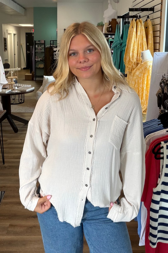 Shop Gauzy Button Down Shirt - Sand- at Ruby Joy Boutique, a Women's Clothing Store in Pickerington, Ohio