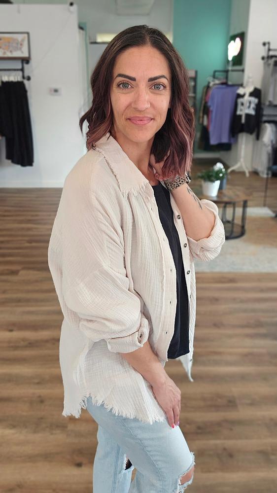 Shop Gauzy Button Down Shirt - Sand- at Ruby Joy Boutique, a Women's Clothing Store in Pickerington, Ohio