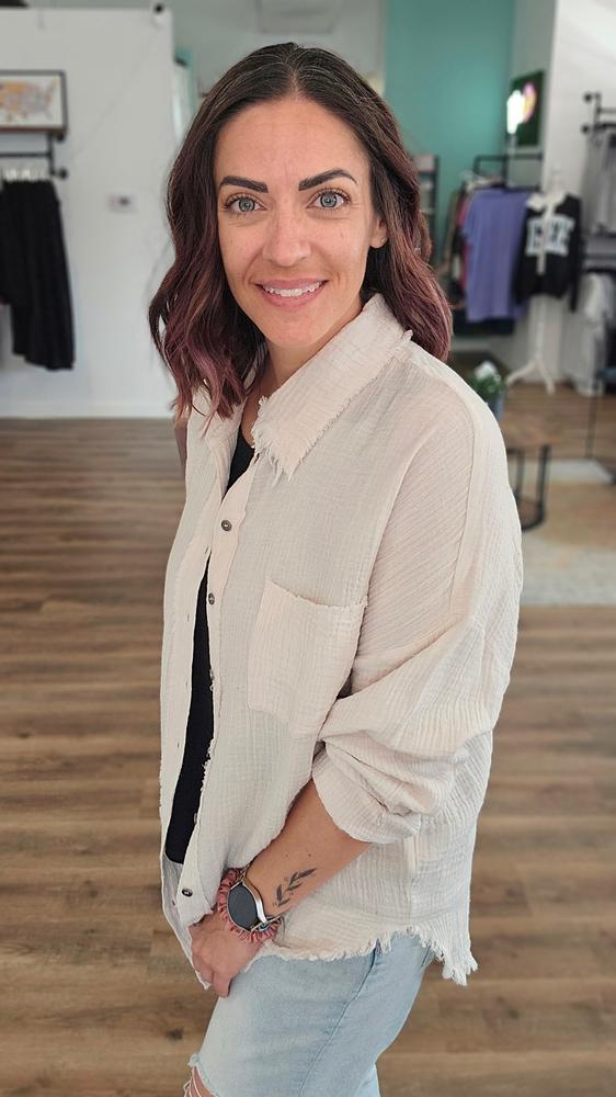 Shop Gauzy Button Down Shirt - Sand- at Ruby Joy Boutique, a Women's Clothing Store in Pickerington, Ohio